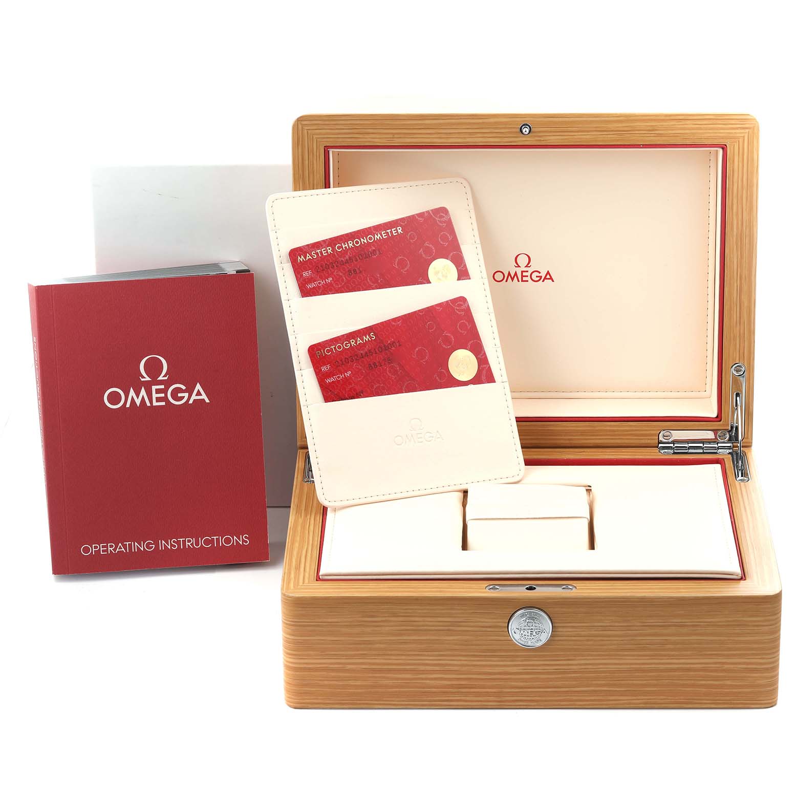 The image shows an Omega Seamaster 210.32.44.51.01.001 Men
s Stainless Steel Black Dial 210.32.44.51.01.001 Men
s Stainless Steel Black Dial watch box, warranty cards, and an instruction booklet.