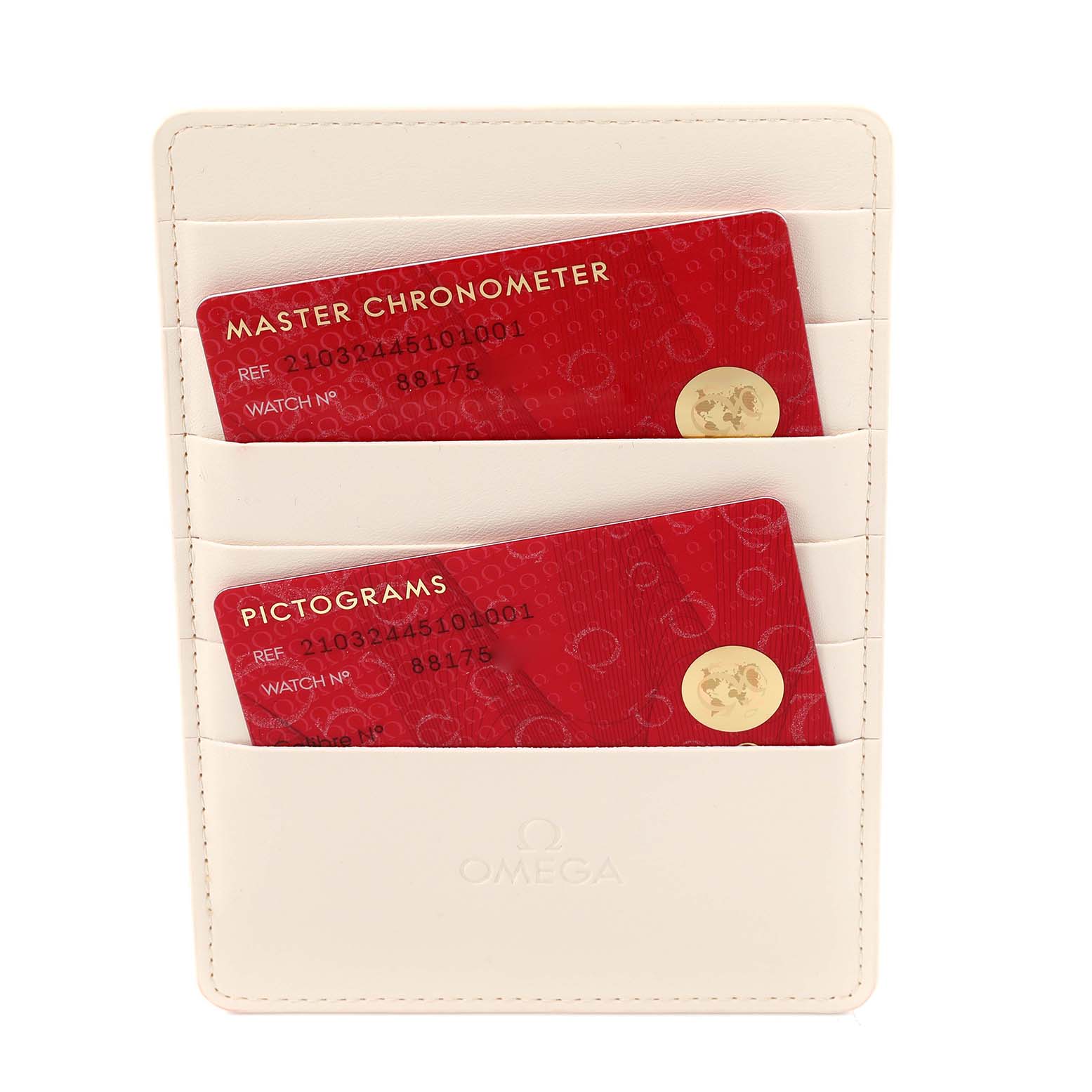 The image shows Omega Seamaster 210.32.44.51.01.001 Men
s Stainless Steel Black Dial 210.32.44.51.01.001 Men
s Stainless Steel Black Dial model cards inside a white card holder.