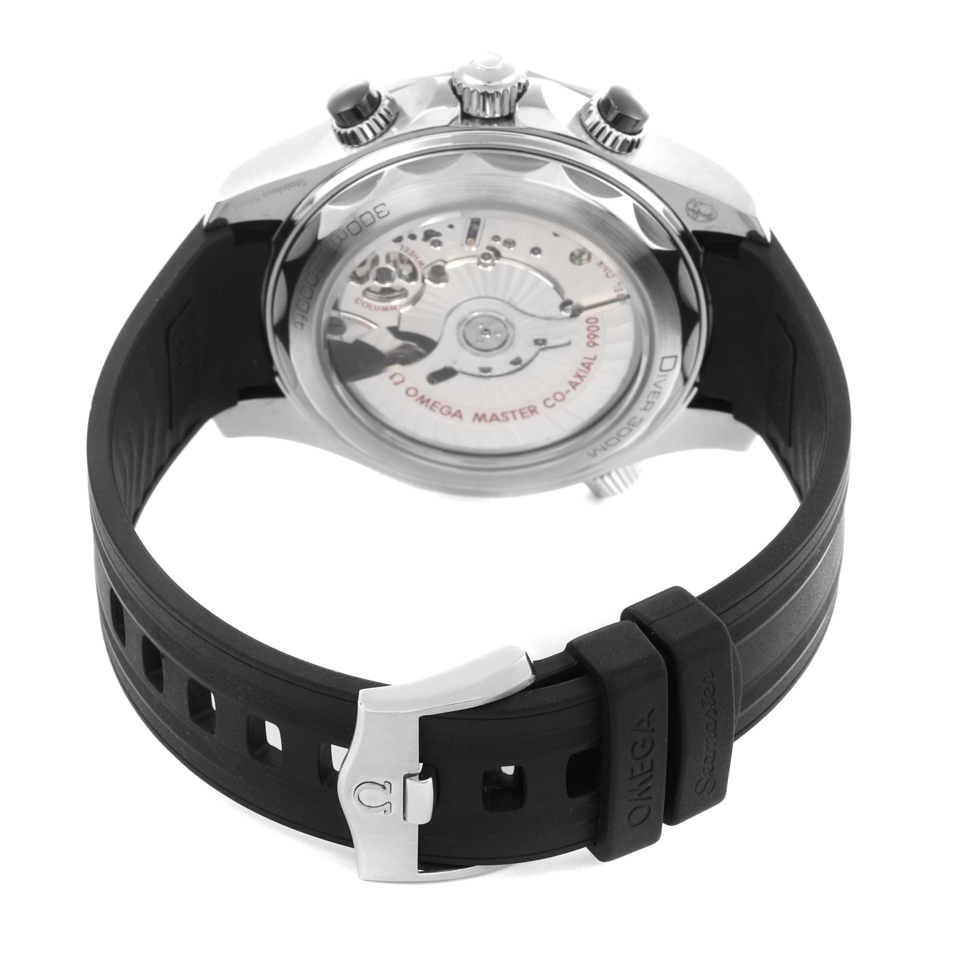 The image shows the back and strap of an Omega Seamaster 210.32.44.51.01.001 Men
s Stainless Steel Black Dial 210.32.44.51.01.001 Men
s Stainless Steel Black Dial, revealing the movement and the rubber strap with clasp.