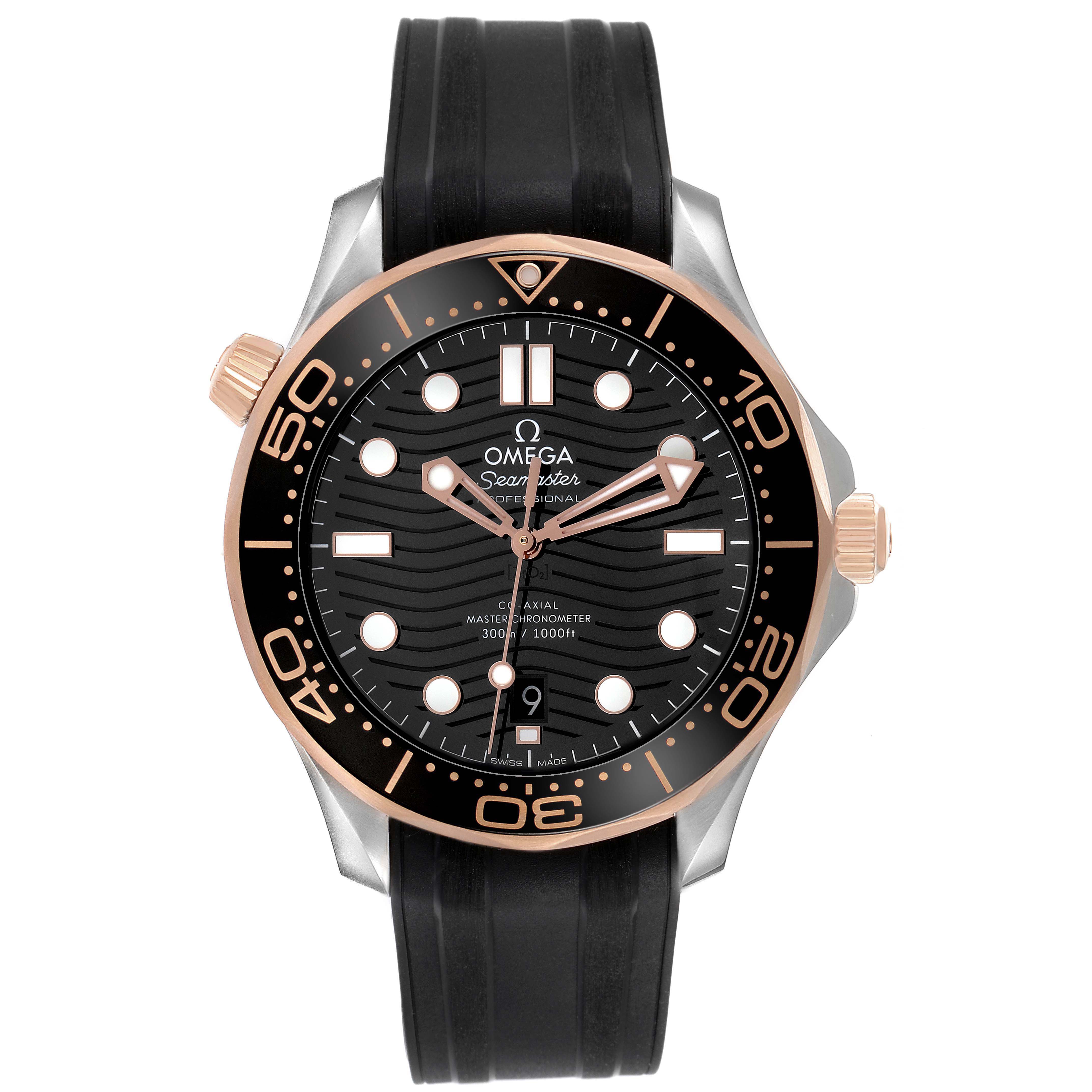 The Omega Seamaster 210.22.42.20.01.002 Men's Steel and Gold (two tone) Black Dial watch is shown from the front, displaying its black dial, gold-tone bezel, and black strap.