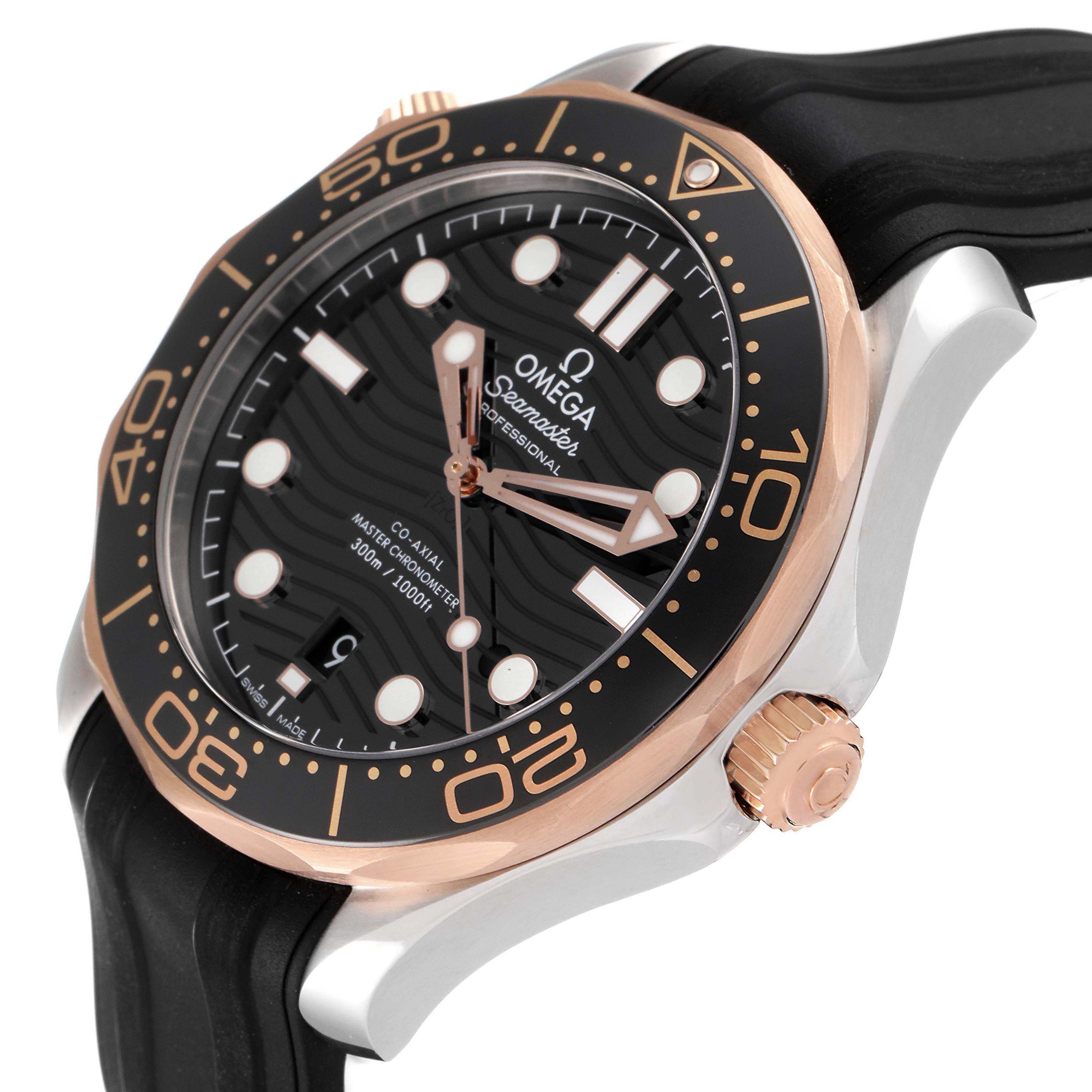 The Omega Seamaster 210.22.42.20.01.002 Men's Steel and Gold (two tone) Black Dial watch is shown at a slight angle, showcasing the bezel, dial, crown, and part of the strap.
