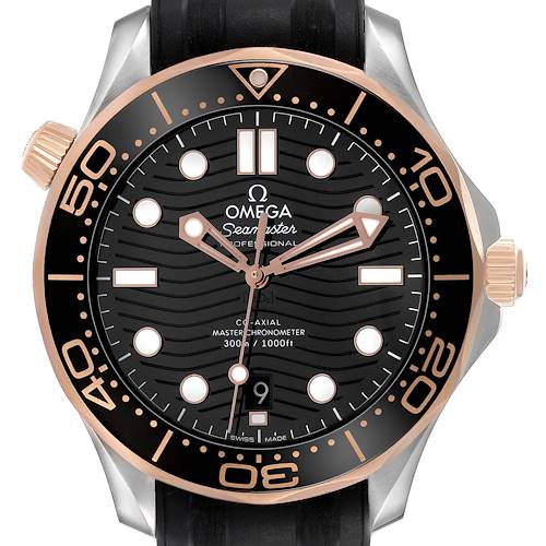 The Omega Seamaster 210.22.42.20.01.002 Men's Steel and Gold (two tone) Black Dial watch is shown from the front, displaying the face, bezel, and crown.
