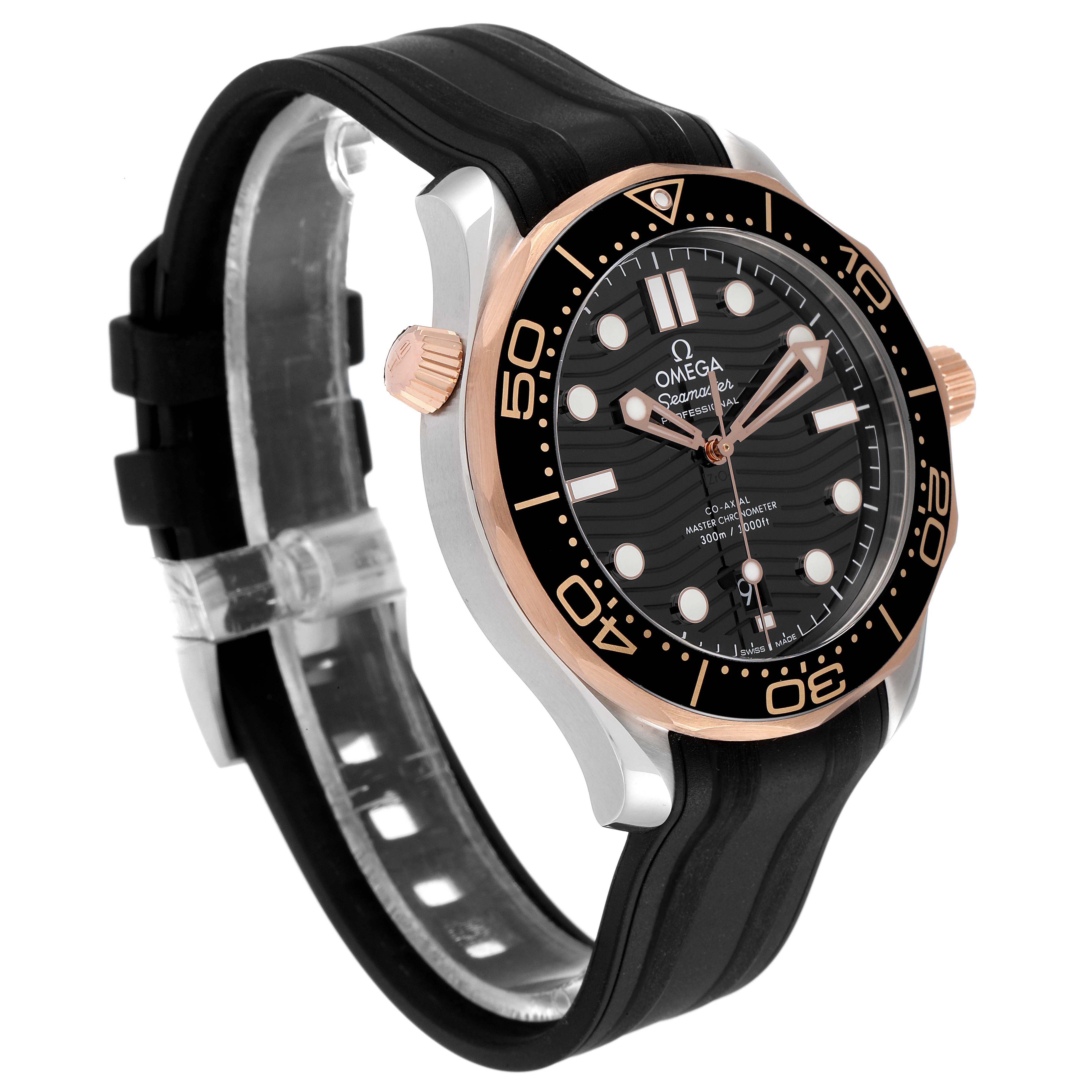 The Omega Seamaster 210.22.42.20.01.002 Men's Steel and Gold (two tone) Black Dial watch is shown from a three-quarter angle, highlighting its face, bezel, crown, and black strap.