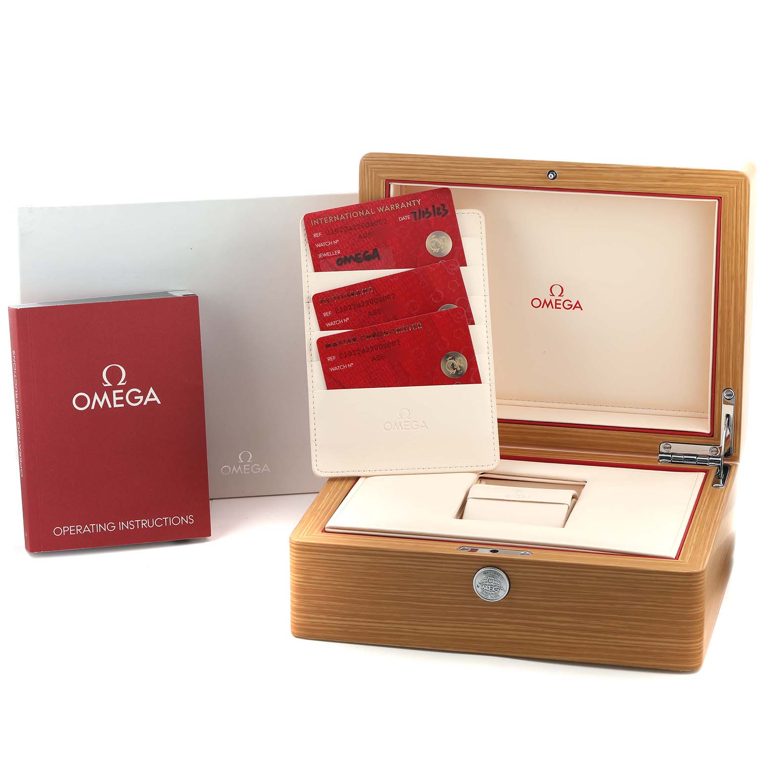 The image shows an Omega Seamaster 210.22.42.20.01.002 Men's Steel and Gold (two tone) Black Dial watch box, warranty cards, and operating instructions from a frontal angle.