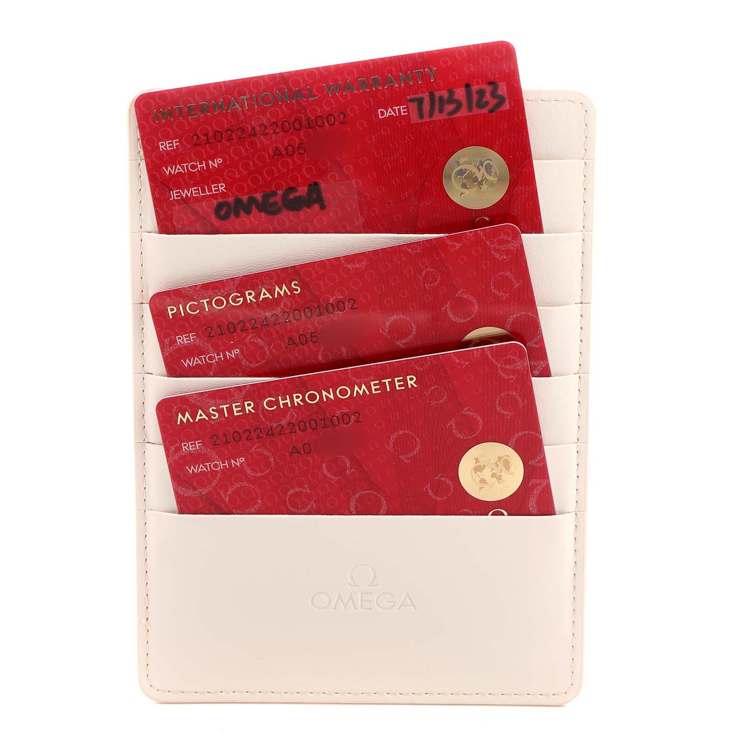 The Omega Seamaster 210.22.42.20.01.002 Men's Steel and Gold (two tone) Black Dial accessories shown include warranty, pictogram, and master chronometer cards in a leather holder.