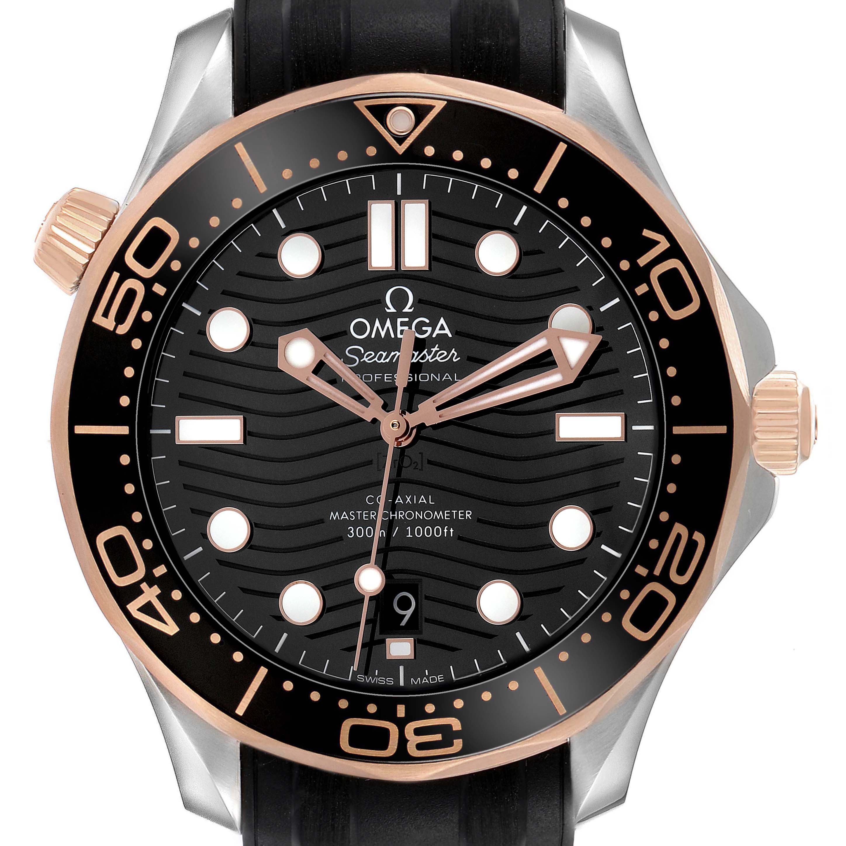 The Omega Seamaster 210.22.42.20.01.002 Men's Steel and Gold (two tone) Black Dial watch is shown from the front, highlighting the dial, bezel, hands, and crown.