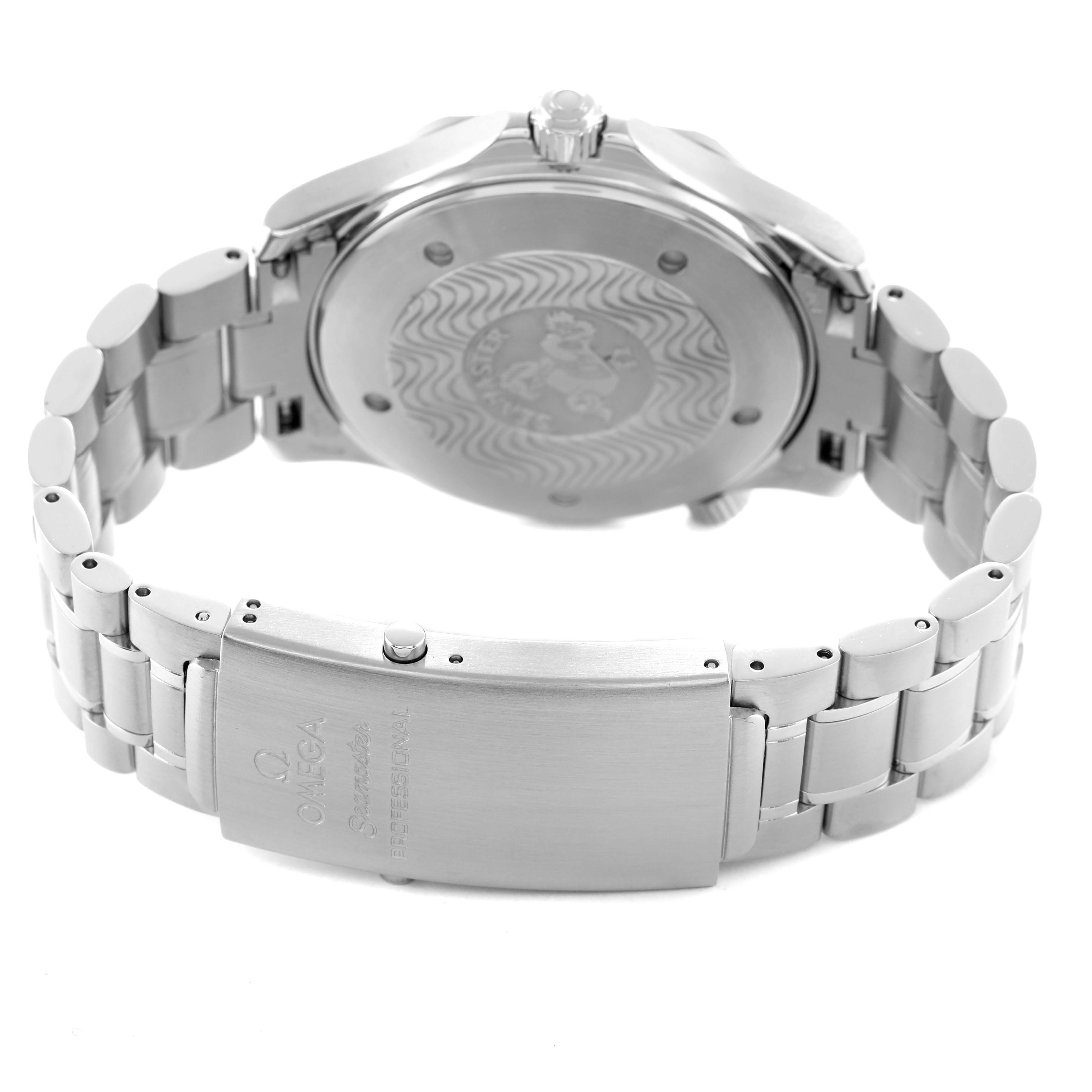 The Omega Seamaster 2263.80.00 Men's Stainless Steel Blue Dial watch is shown from the back, highlighting the case back and stainless steel bracelet with clasp.