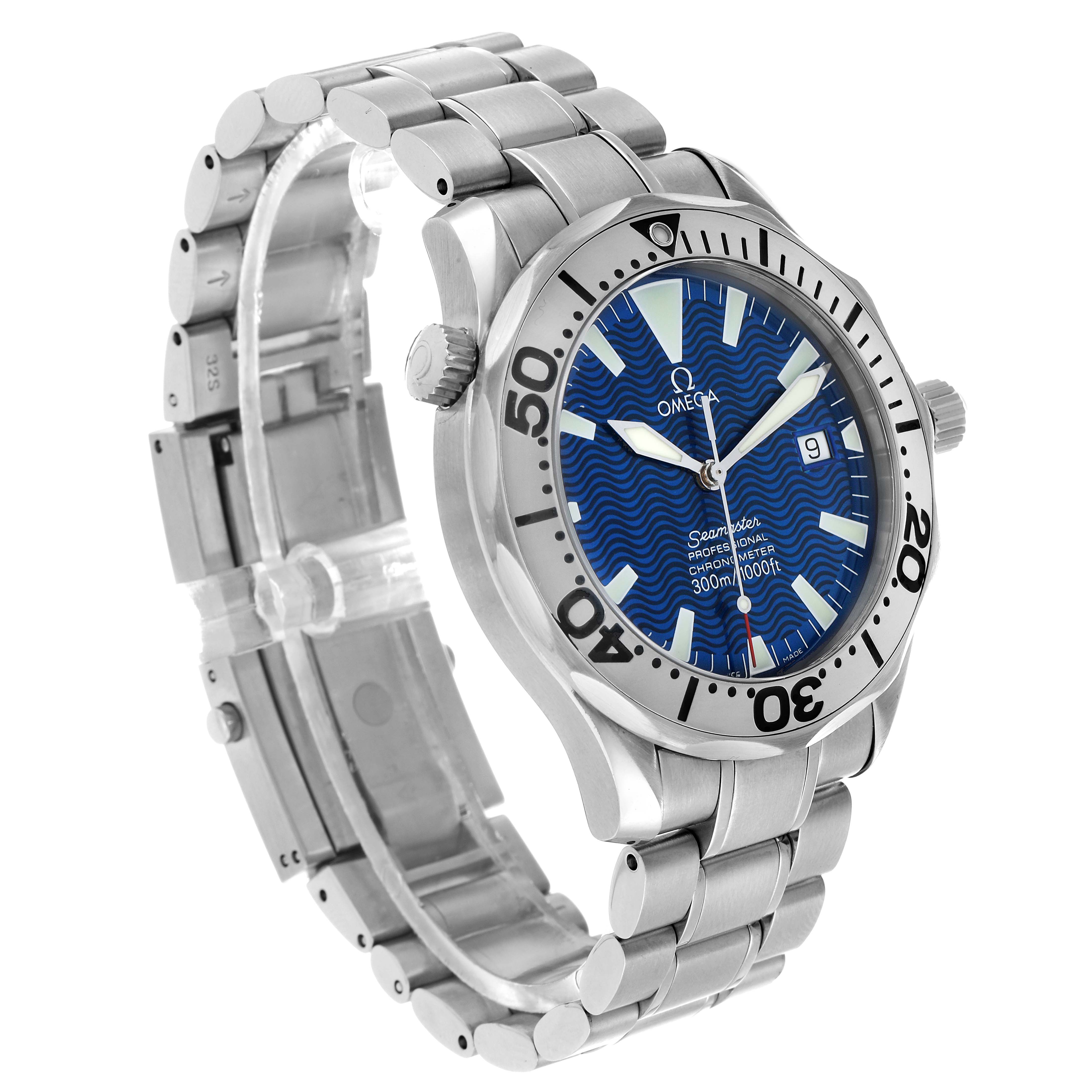 The Omega Seamaster 2263.80.00 Men's Stainless Steel Blue Dial watch is shown at a three-quarter angle, highlighting the bracelet, bezel, dial, and crown.