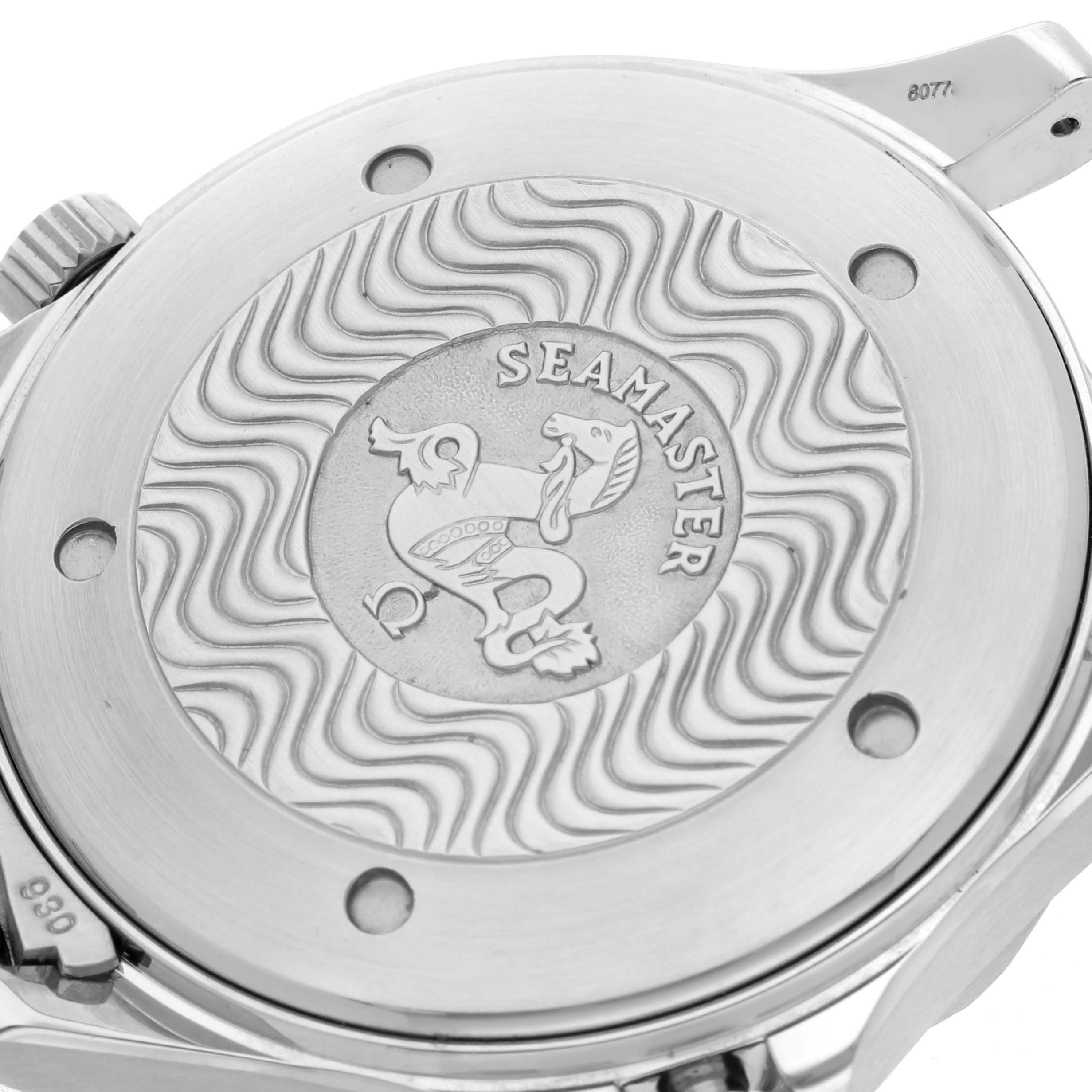 The image shows the case back of an Omega Seamaster 2263.80.00 Men's Stainless Steel Blue Dial watch from an angled overhead view, highlighting the embossed logo.