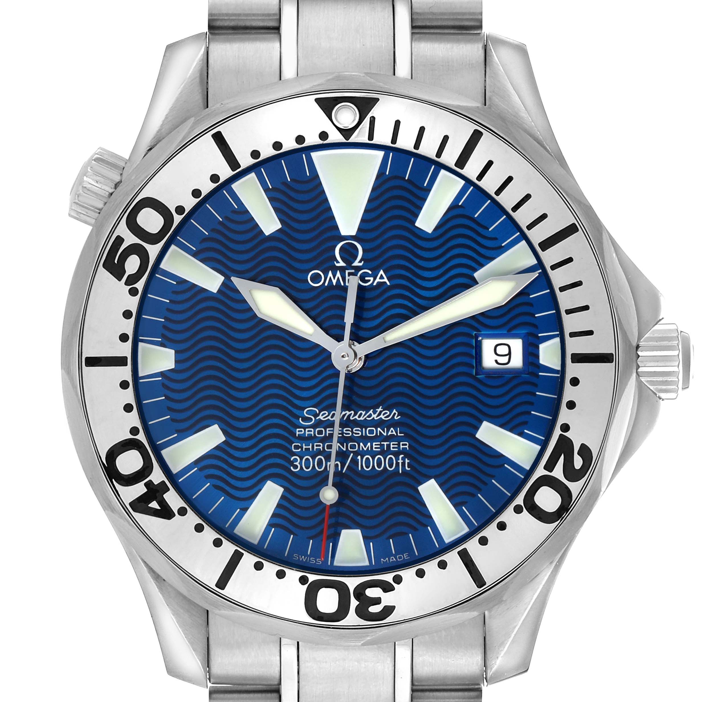 The Omega Seamaster 2263.80.00 Men's Stainless Steel Blue Dial watch is shown from a front angle, displaying the entire face, bezel, and part of the stainless steel bracelet.