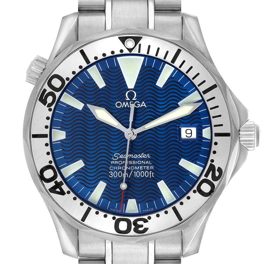 The Omega Seamaster 2263.80.00 Men's Stainless Steel Blue Dial watch is shown from a front angle, displaying the entire face, bezel, and part of the stainless steel bracelet.