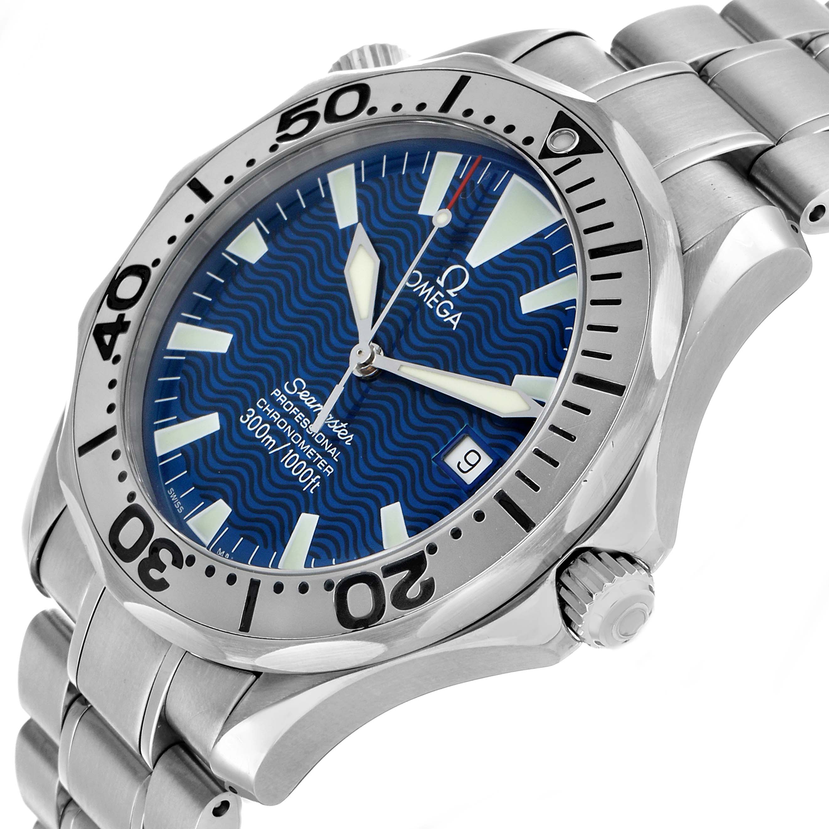 The Omega Seamaster 2263.80.00 Men's Stainless Steel Blue Dial watch is shown at an angle highlighting the dial, bezel, crown, and bracelet.