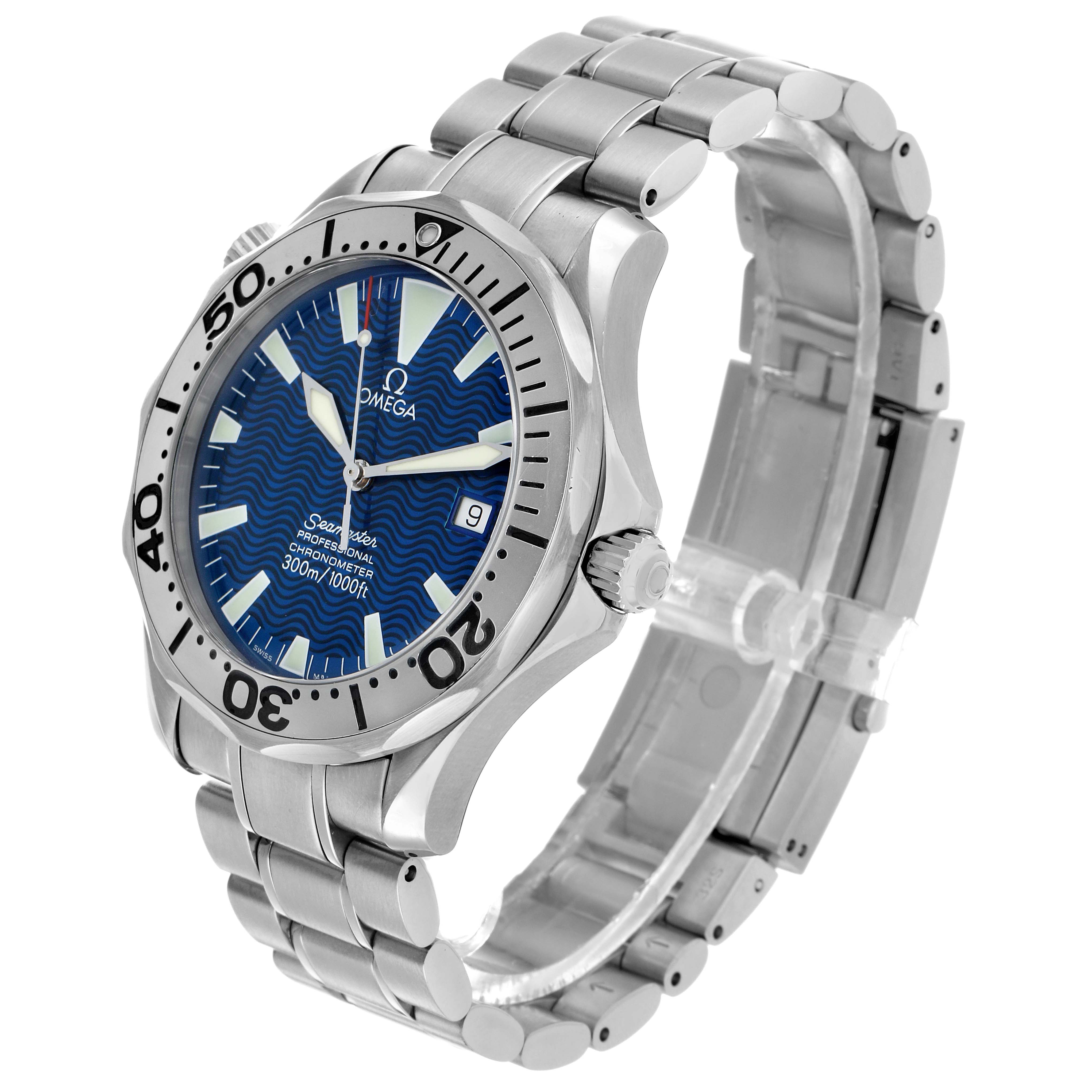 The Omega Seamaster 2263.80.00 Men's Stainless Steel Blue Dial watch is shown at an angle highlighting the face, bezel, crown, and metal bracelet.