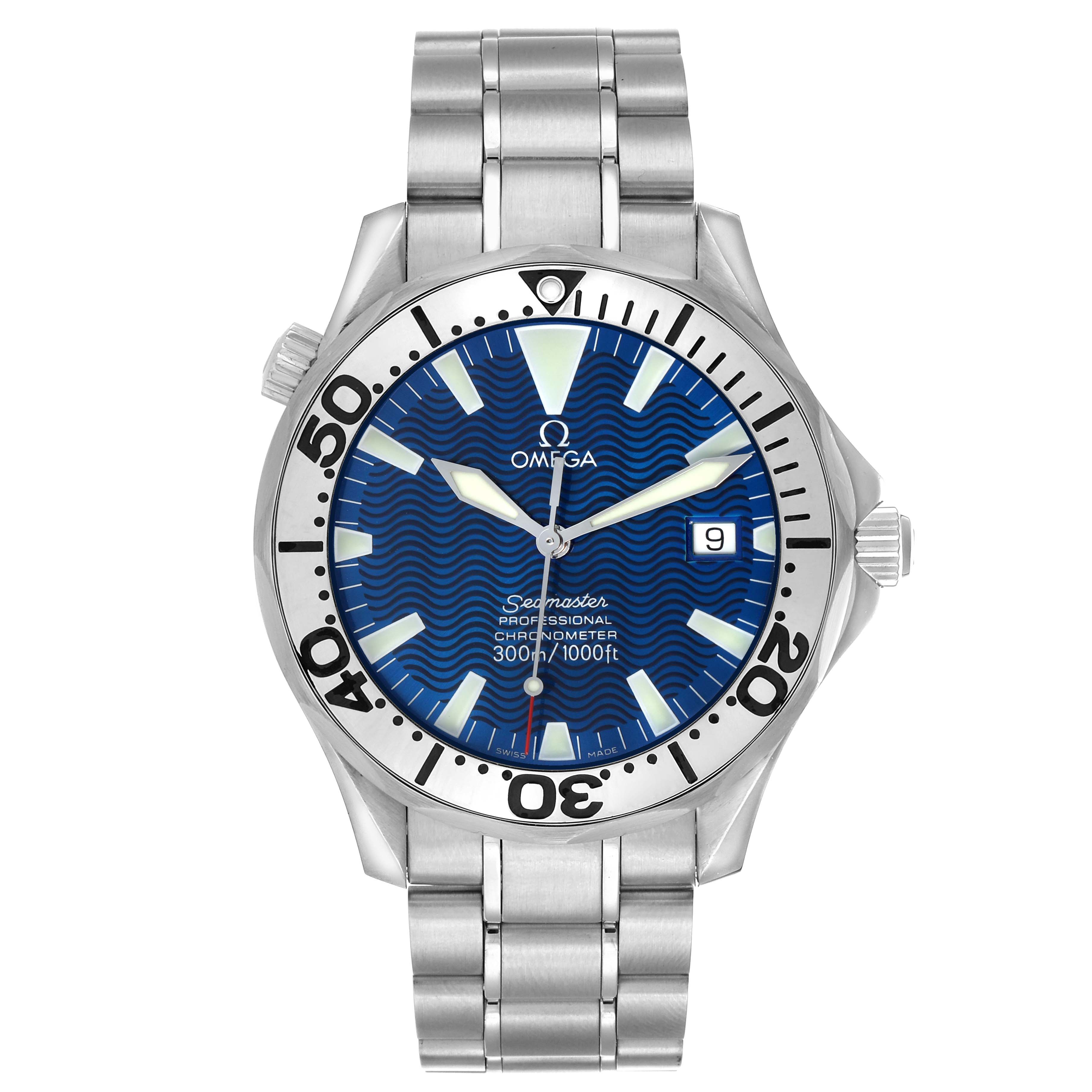 The Omega Seamaster 2263.80.00 Men's Stainless Steel Blue Dial watch is shown from the front, highlighting the dial, bezel, bracelet, and crown.