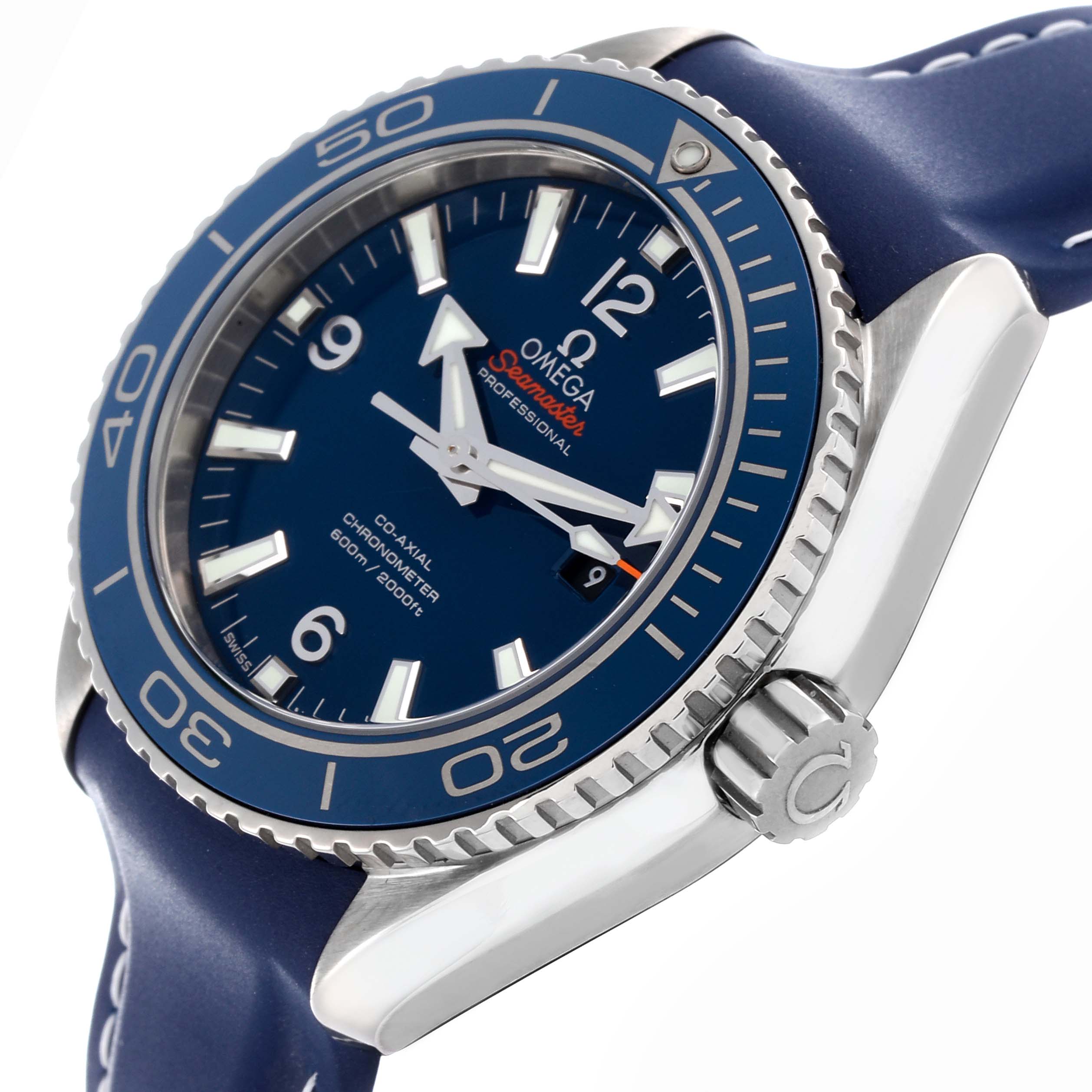 The image shows a close-up angle of the Omega Seamaster Planet Ocean Midsize Titanium Watch, highlighting the dial, bezel, and crown.