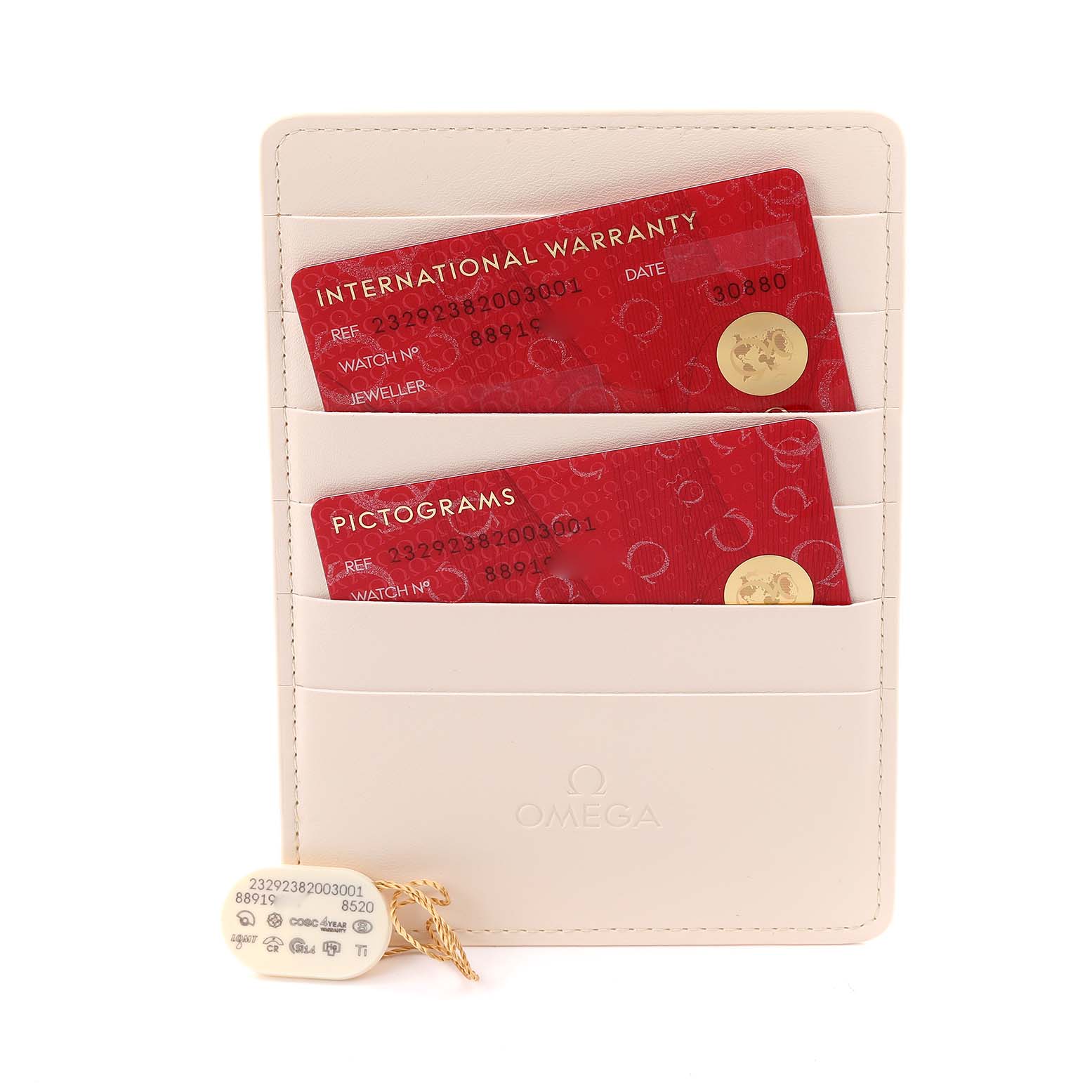 The image shows a holder with two red cards labeled "International Warranty" and "Pictograms" and a tag for the Omega Seamaster Planet Ocean Midsize.