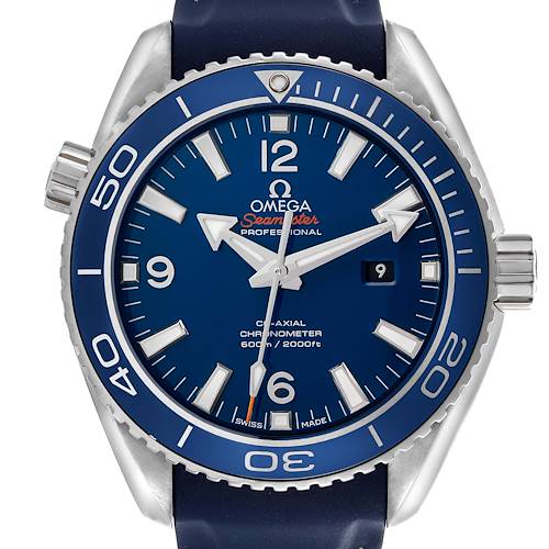 The Omega Seamaster Planet Ocean Midsize Titanium watch is shown from the front, highlighting its blue dial, bezel, and crown.