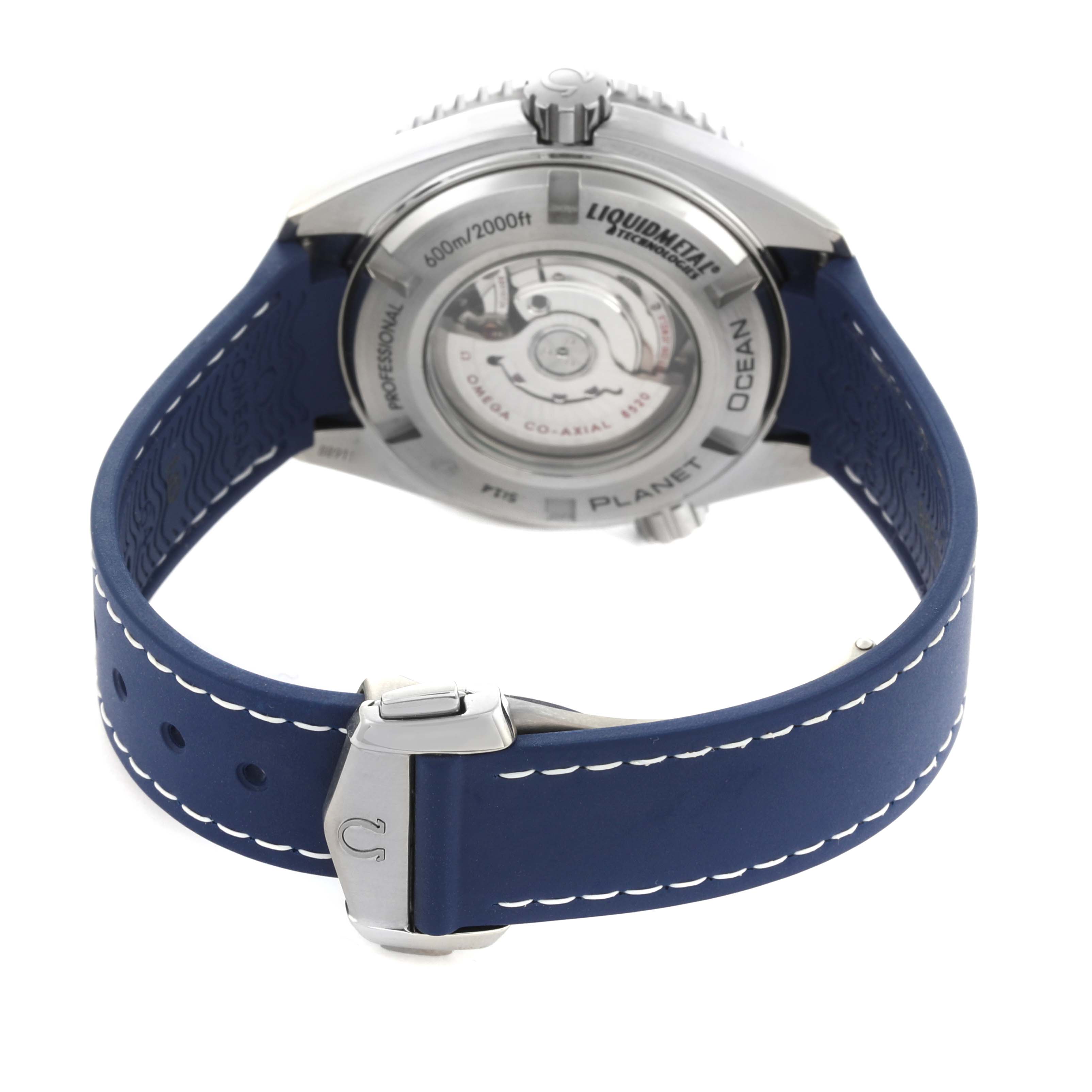 The image shows the back view of the Omega Seamaster Planet Ocean Midsize Titanium Watch 232.92.38.20.03.001, highlighting the clasp and strap.
