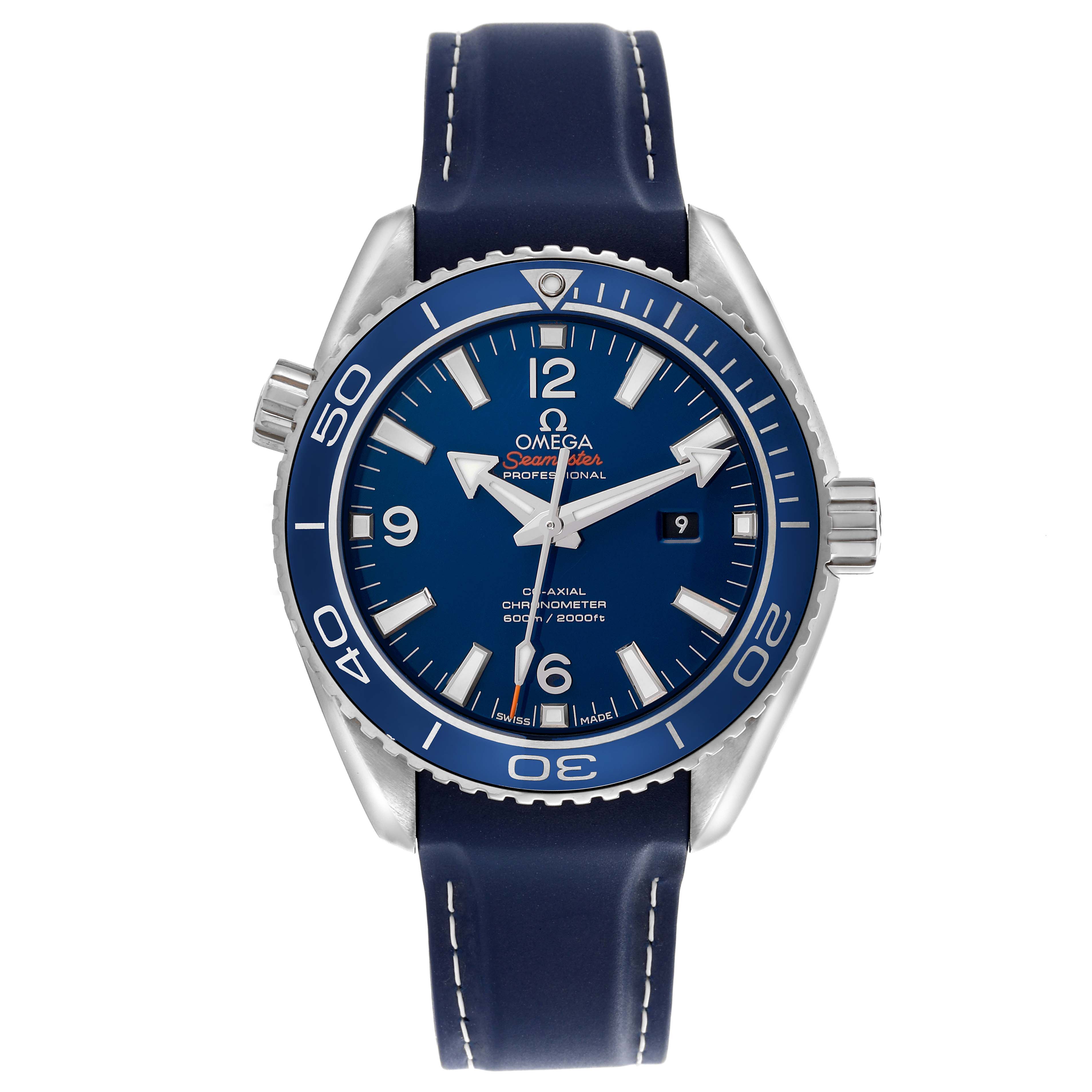 The Omega Seamaster Planet Ocean Midsize Titanium Watch is shown from a front angle, displaying its blue dial and bezel.