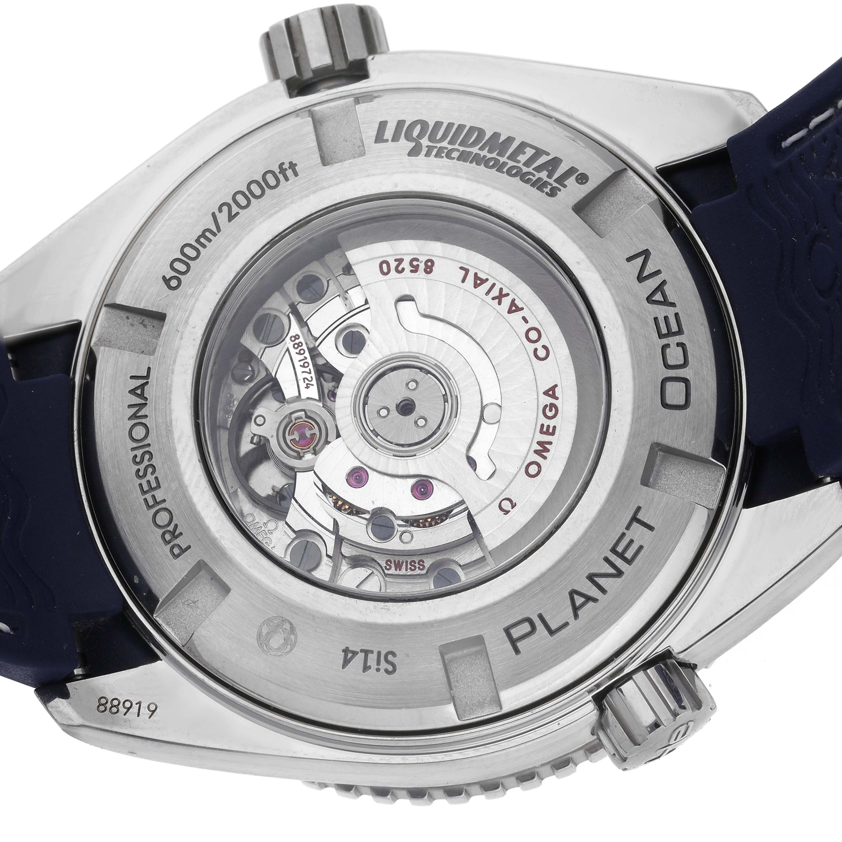 The image shows the back of the Omega Seamaster Planet Ocean Midsize Titanium, highlighting its transparent case back and movement.