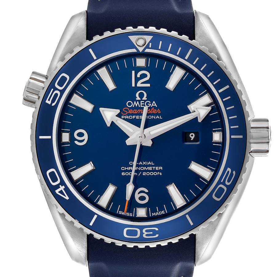 The Omega Seamaster Planet Ocean Midsize Titanium Watch 232.92.38.20.03.001 is shown from a front angle, displaying the face and bezel.