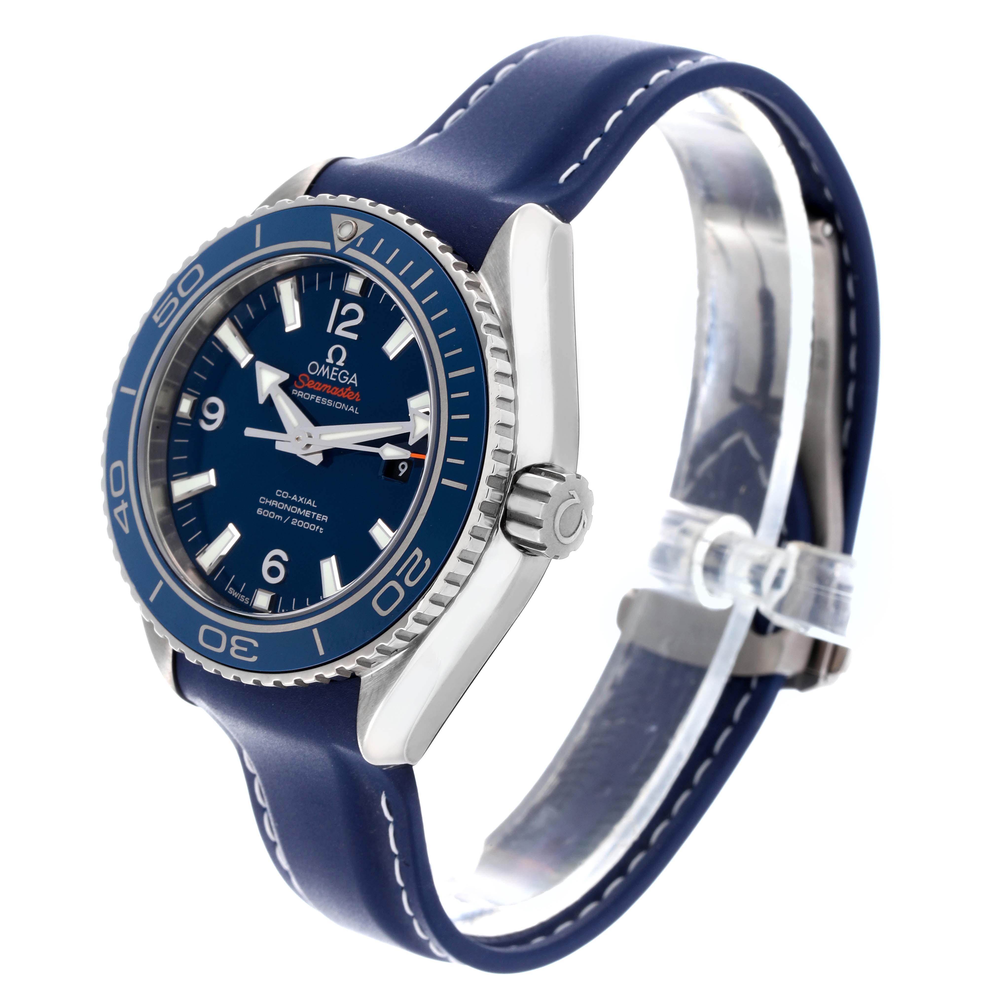 The image shows a side profile of the Omega Seamaster Planet Ocean Midsize Titanium Watch, highlighting the dial, bezel, and strap.