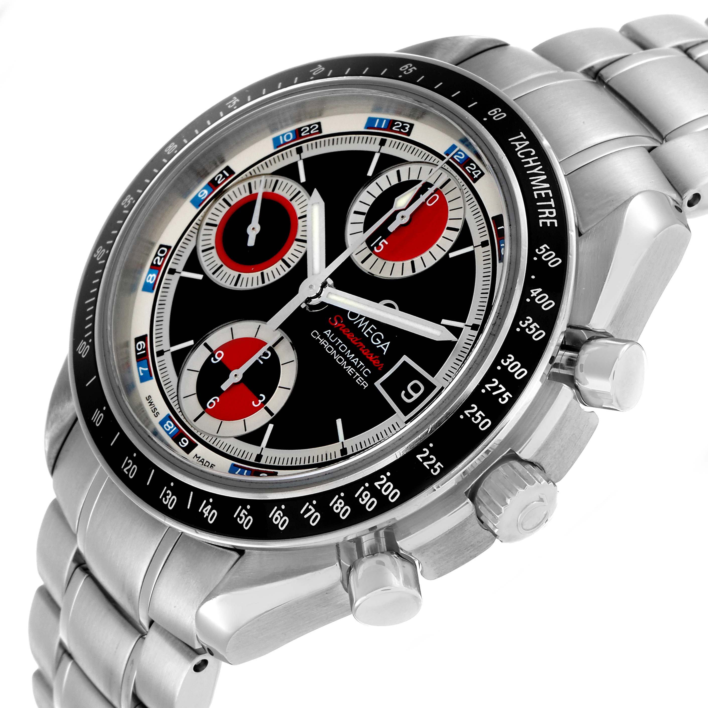 The Omega Speedmaster 3210.52.00 Men's Stainless Steel Black Dial watch is shown from an angled perspective, highlighting the dial, tachymeter bezel, pushers, and metal bracelet.