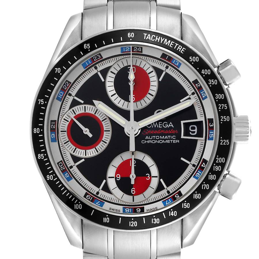 The Omega Speedmaster 3210.52.00 Men's Stainless Steel Black Dial watch is shown from the front, displaying the dial and tachymeter bezel.