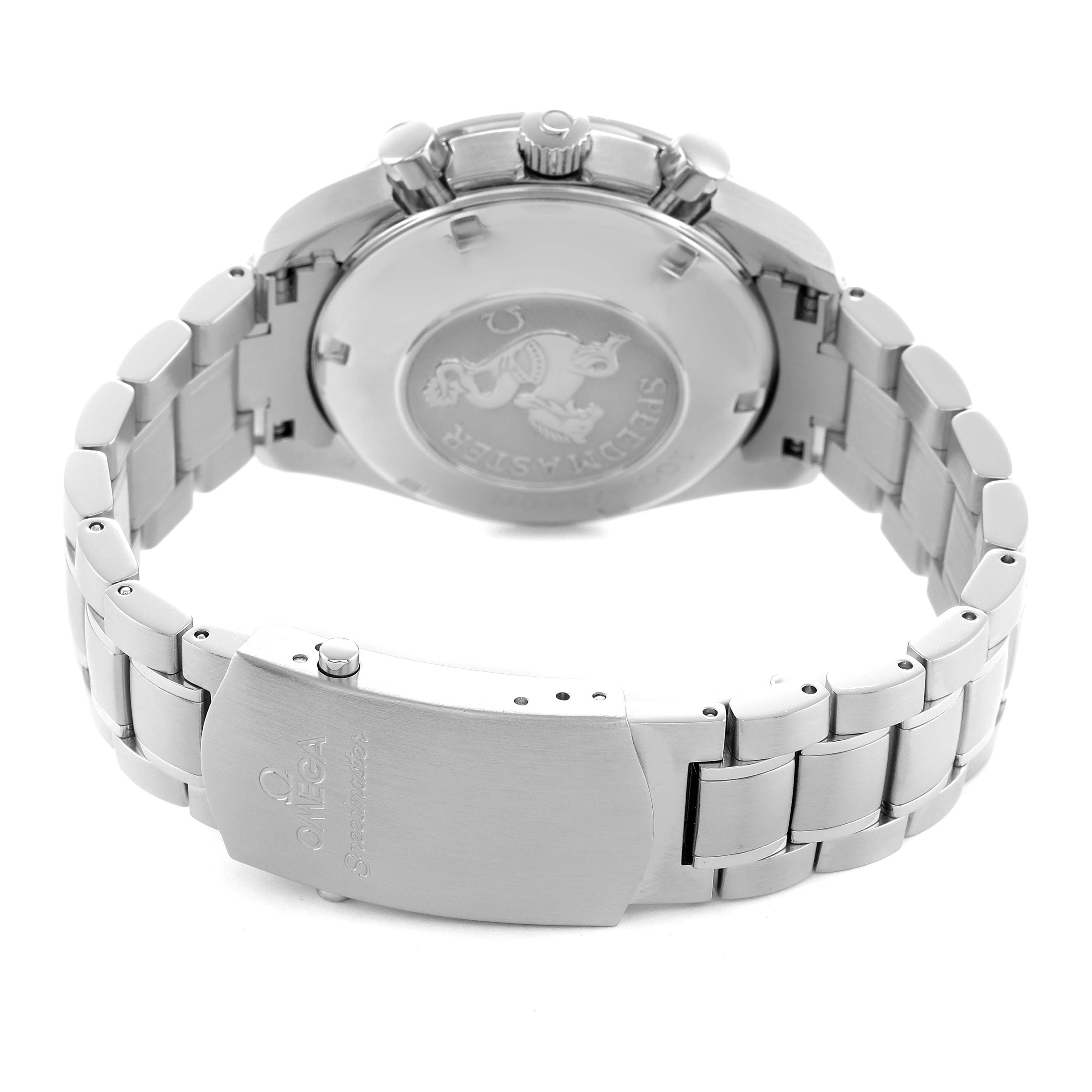 The image shows the back of the Omega Speedmaster 3210.52.00 Men's Stainless Steel Black Dial watch, highlighting the clasp and engraved caseback.