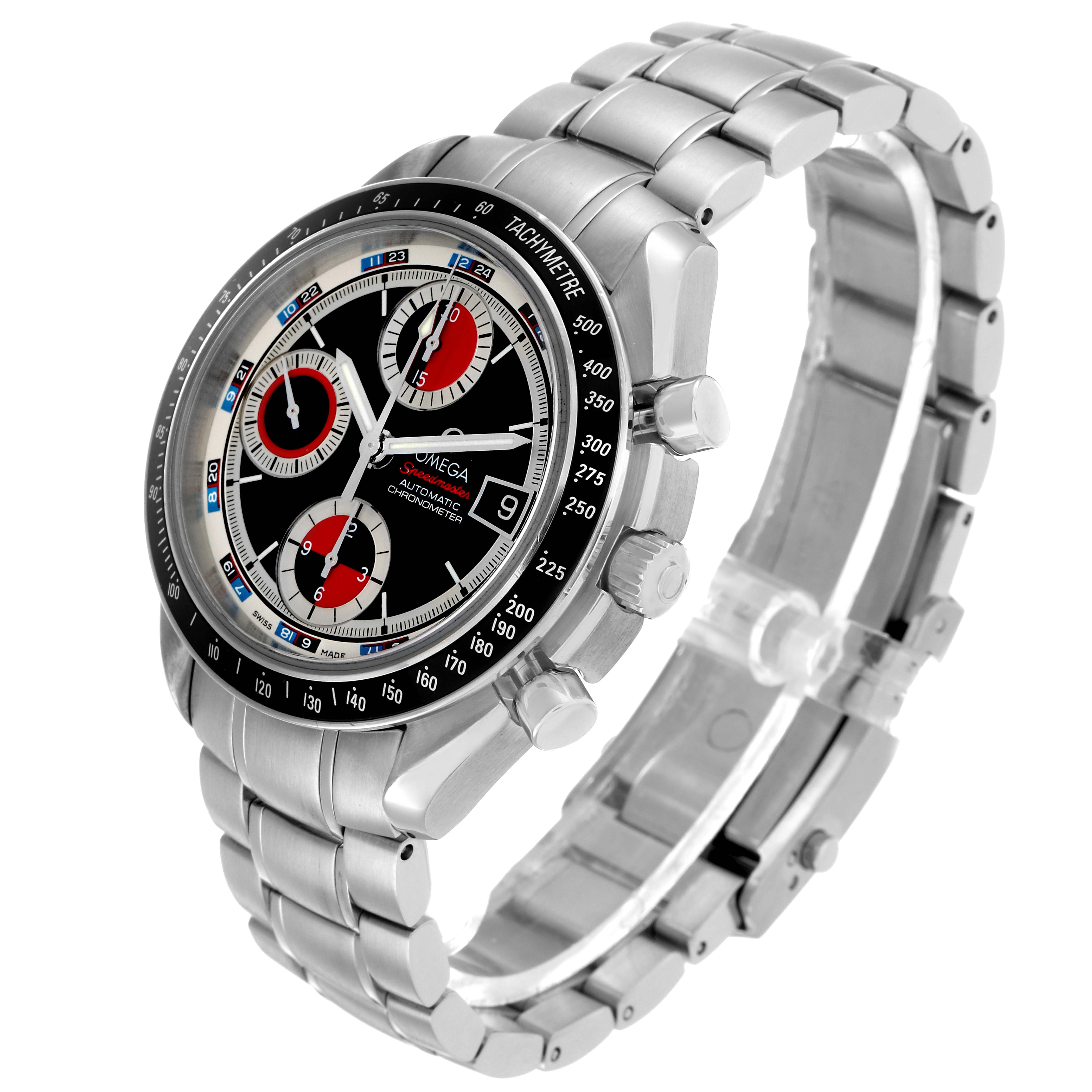 The Omega Speedmaster 3210.52.00 Men's Stainless Steel Black Dial watch is shown at a side angle, displaying the dial, bezel, pushers, crown, and bracelet.