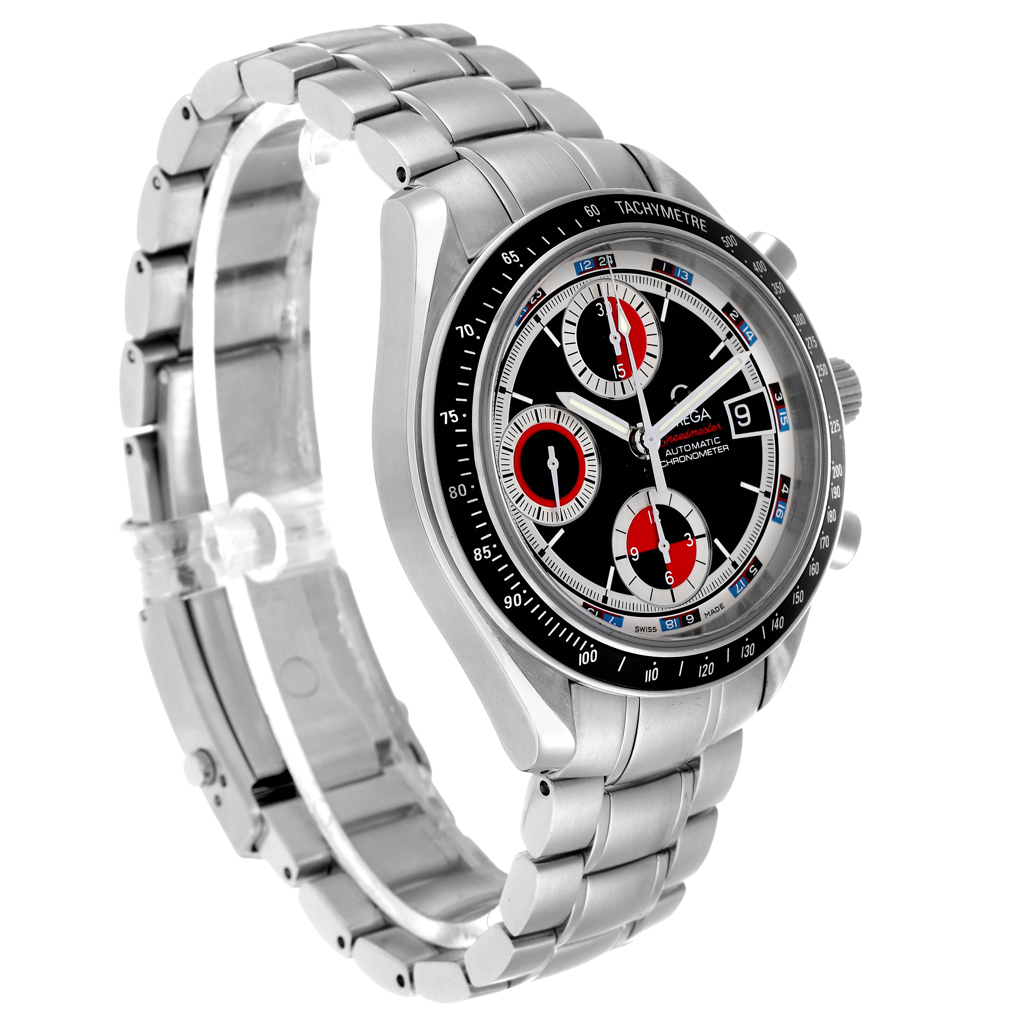 The Omega Speedmaster 3210.52.00 Men's Stainless Steel Black Dial is shown from a side angle, highlighting the face, bezel, and stainless steel bracelet.