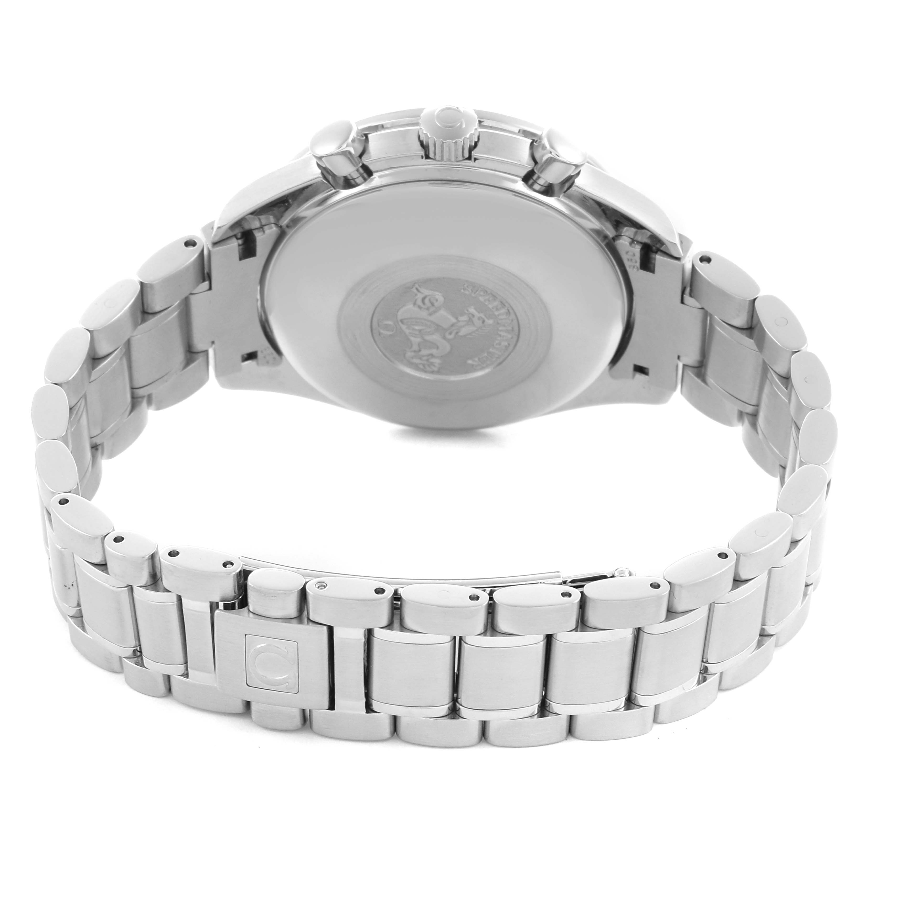 The image shows the back view of an Omega Speedmaster 3523.80.00 Men
s Stainless Steel Blue Dial 3523.80.00 Men
s Stainless Steel Blue Dial watch, highlighting the case back and metal bracelet.