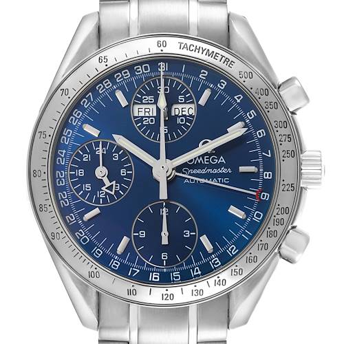 The Omega Speedmaster watch is shown from a front angle, displaying its dial, bezel, and chronograph sub-dials.