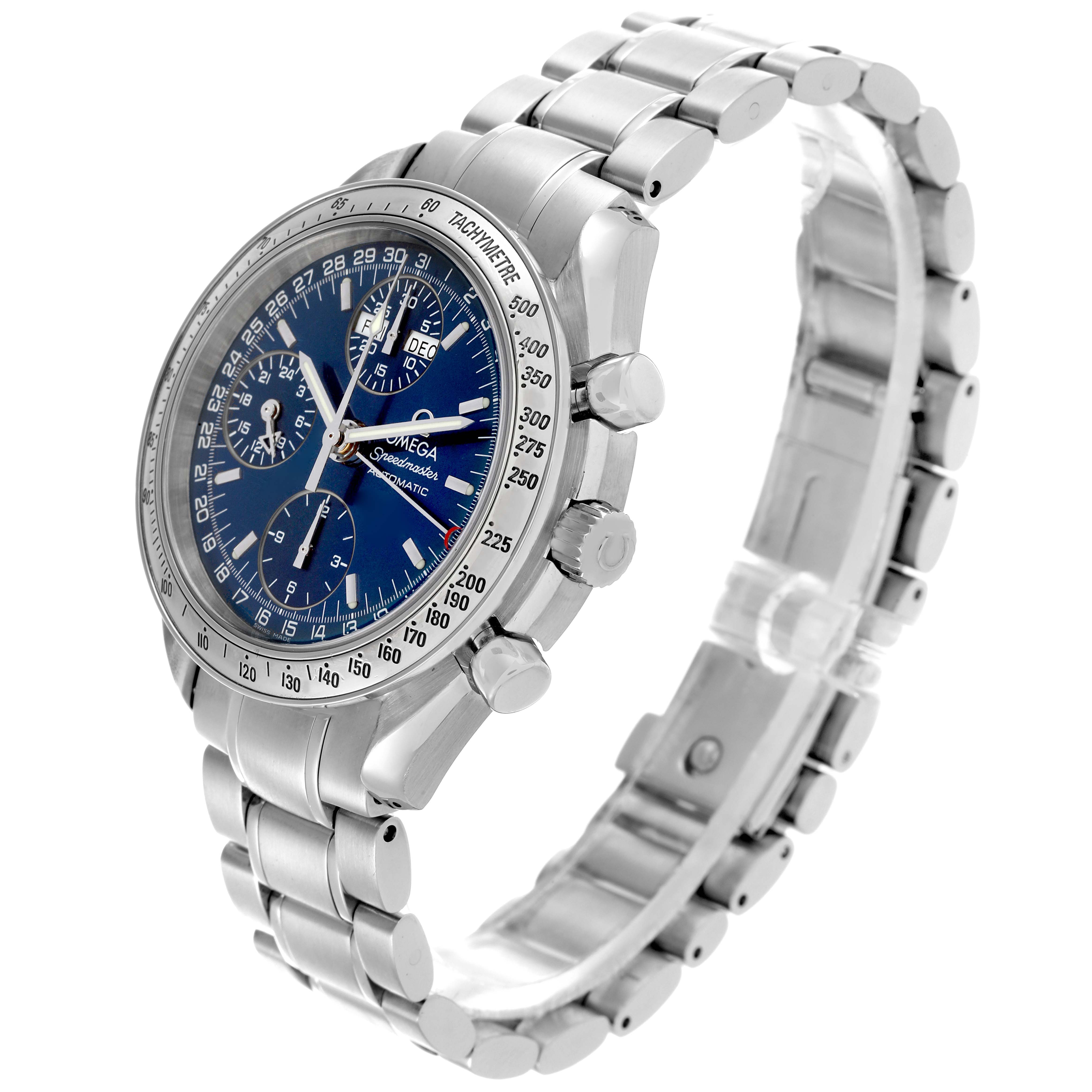 The Omega Speedmaster 3523.80.00 Men
s Stainless Steel Blue Dial 3523.80.00 Men
s Stainless Steel Blue Dial watch is shown at a slightly angled view, highlighting the face, bezel, and stainless steel bracelet.