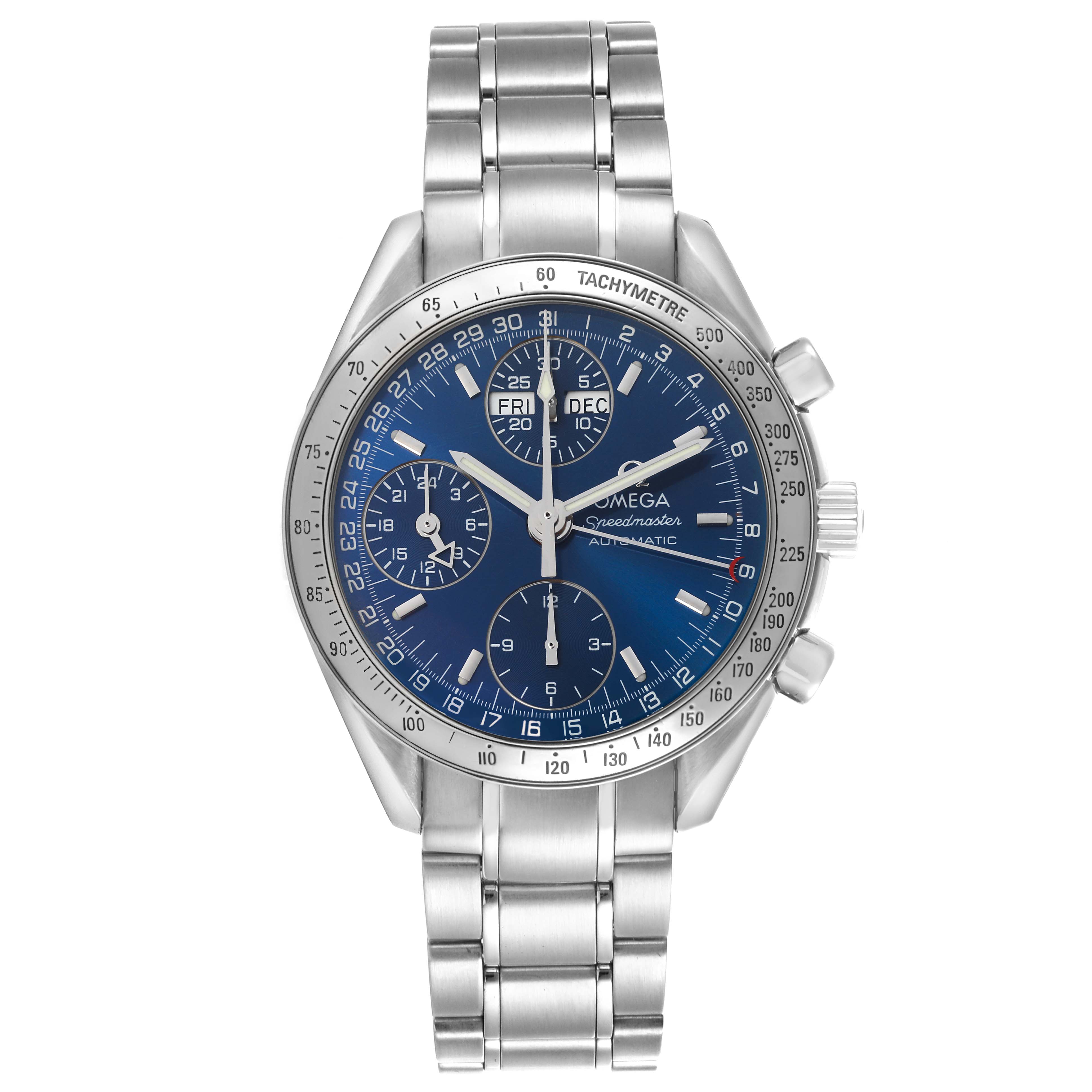 The Omega Speedmaster 3523.80.00 Men
s Stainless Steel Blue Dial 3523.80.00 Men
s Stainless Steel Blue Dial watch is shown from a front angle, displaying the face, bezel, and stainless steel bracelet.