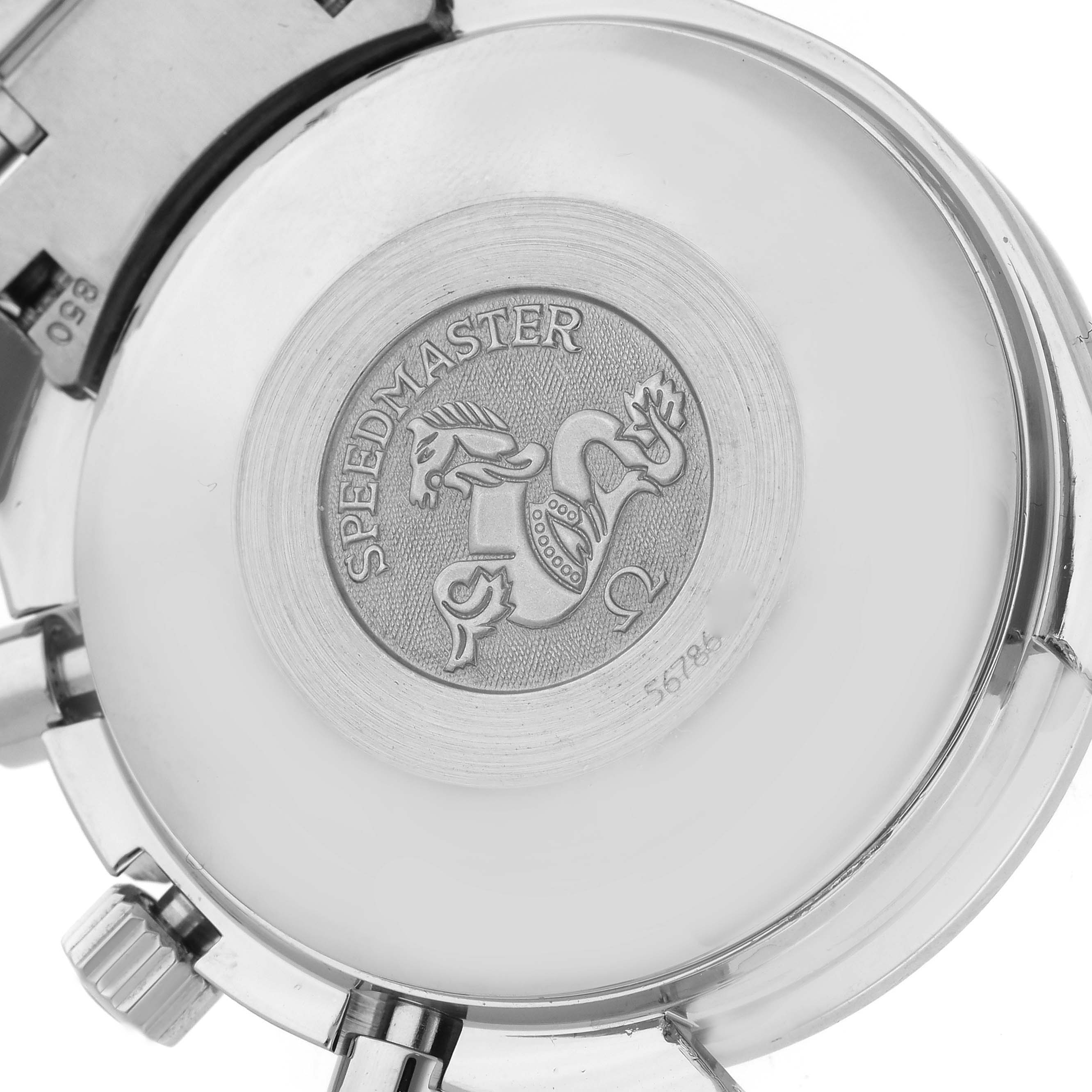 The image shows the back case of the Omega Speedmaster 3523.80.00 Men
s Stainless Steel Blue Dial 3523.80.00 Men
s Stainless Steel Blue Dial watch, featuring the engraved logo and model name.