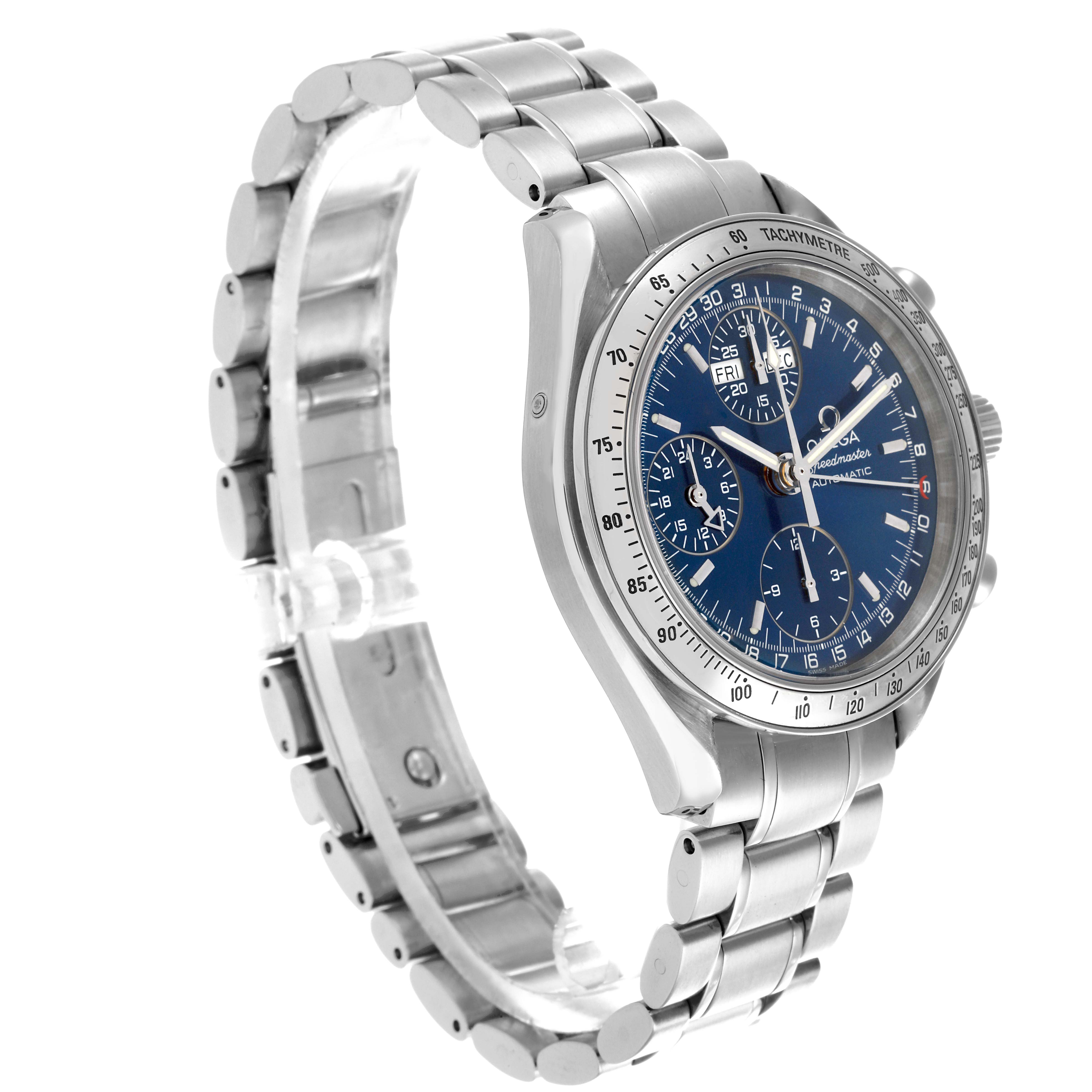 The Omega Speedmaster 3523.80.00 Men
s Stainless Steel Blue Dial 3523.80.00 Men
s Stainless Steel Blue Dial is shown at a three-quarter angle, highlighting the face, bezel, and metal bracelet.