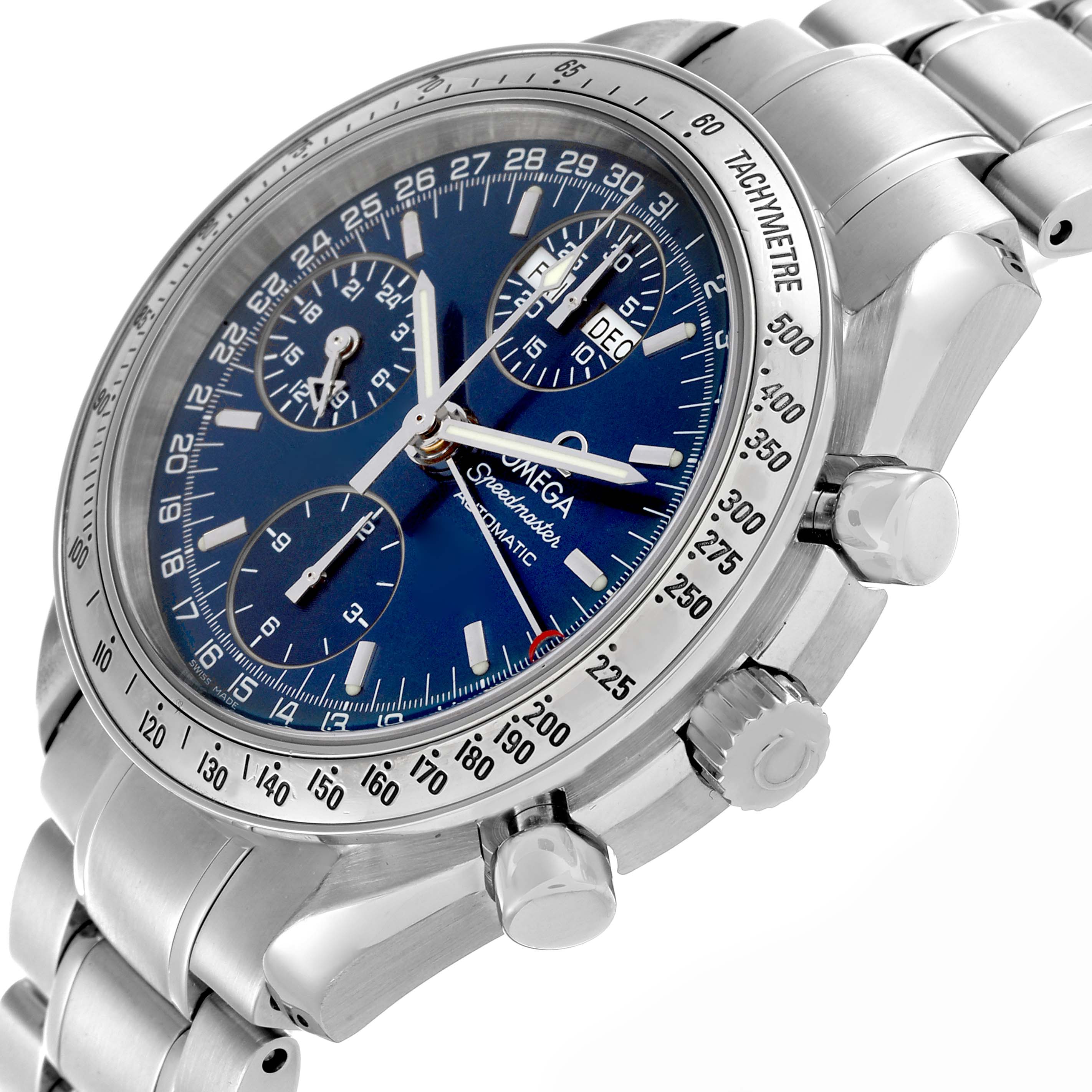 The Omega Speedmaster 3523.80.00 Men
s Stainless Steel Blue Dial 3523.80.00 Men
s Stainless Steel Blue Dial watch is shown at an angled side view, highlighting the dial, bezel, pushers, and bracelet.