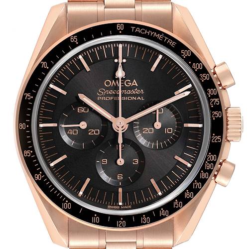 The Omega Speedmaster Moonwatch is shown from the front, displaying its dial, subdials, bezel, and pushers clearly.