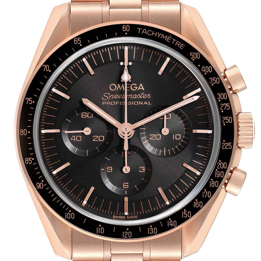 The Omega Speedmaster Moonwatch is shown from a front angle, displaying the face, bezel, and chronograph dials.