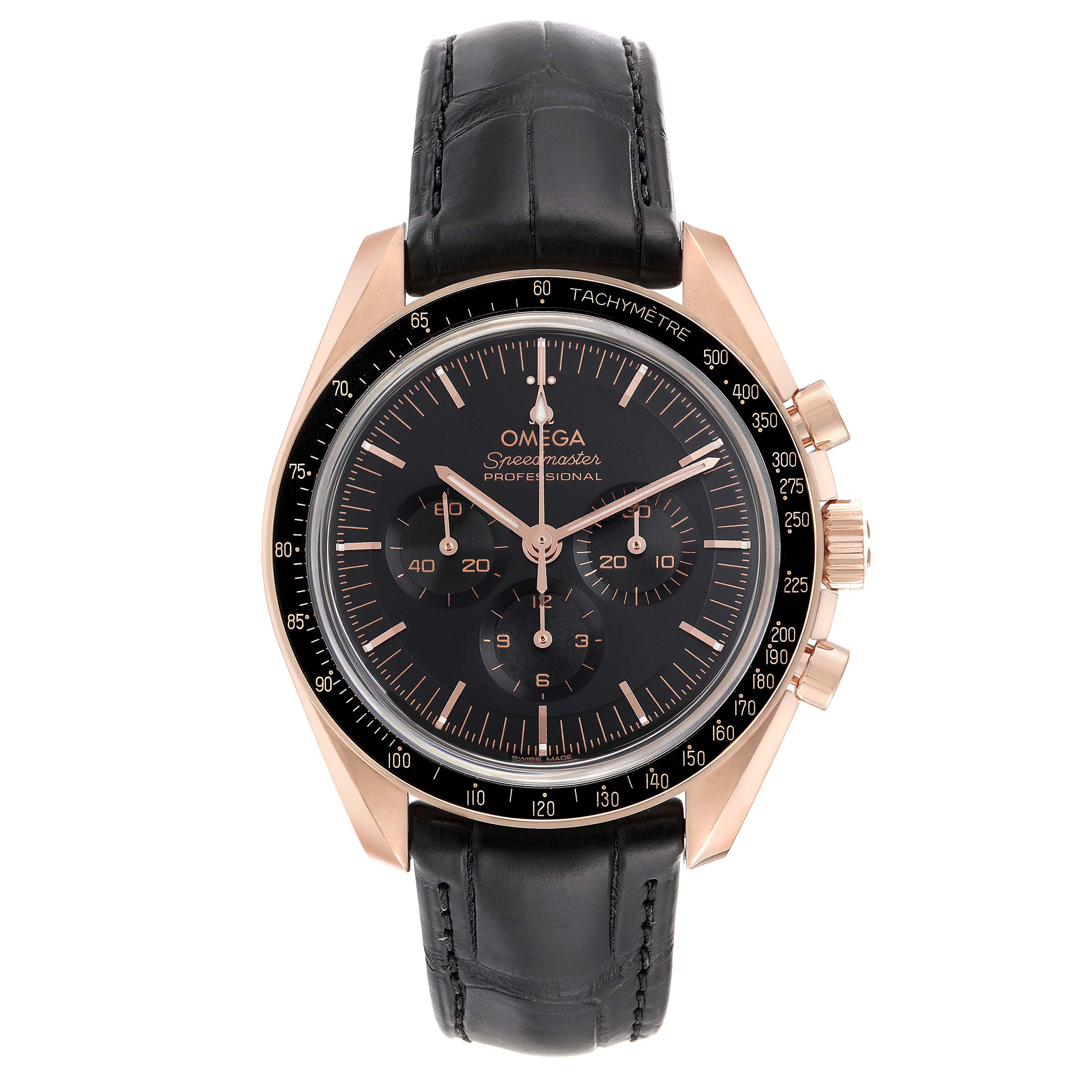 The Omega Speedmaster 310.63.42.50.01.001 Men
s Rose Gold Black Dial 310.63.42.50.01.001 Men
s Rose Gold Black Dial watch is shown from the front, highlighting its black dial, rose gold case, chronograph functions, and black leather strap.