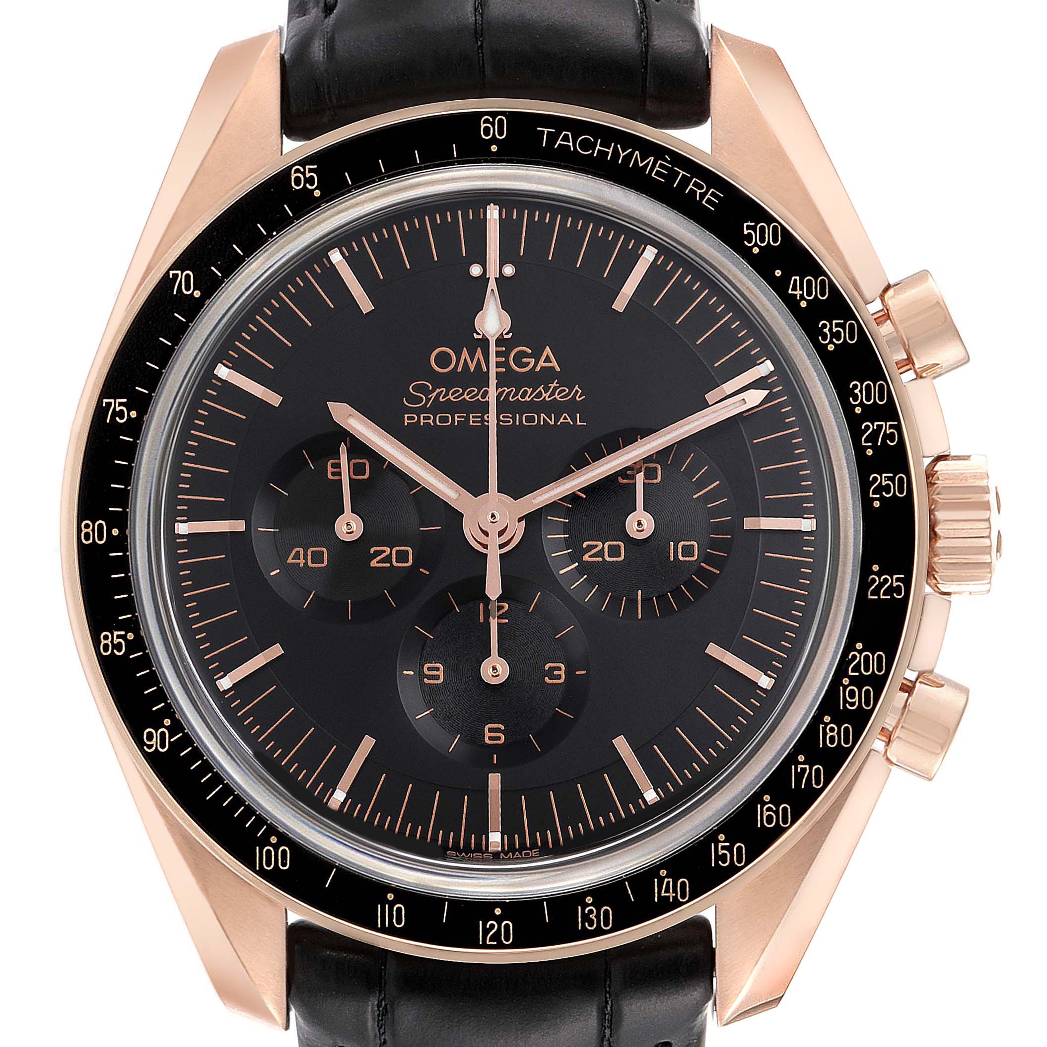The image shows a front view of an Omega Speedmaster 310.63.42.50.01.001 Men
s Rose Gold Black Dial 310.63.42.50.01.001 Men
s Rose Gold Black Dial watch, displaying its black dial, chronograph subdials, tachymeter bezel, and leather strap.