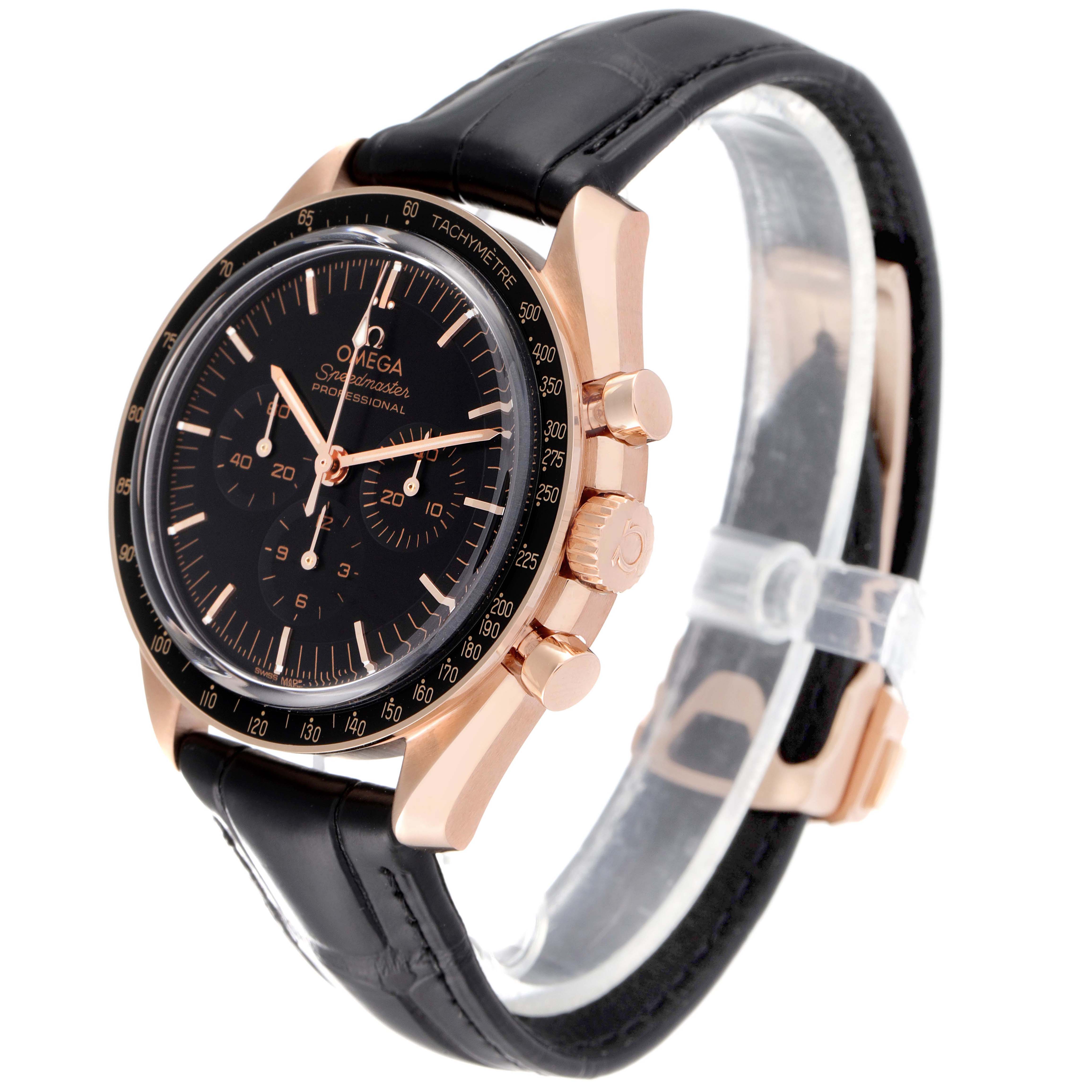 The Omega Speedmaster 310.63.42.50.01.001 Men
s Rose Gold Black Dial 310.63.42.50.01.001 Men
s Rose Gold Black Dial watch is shown at a 3/4 angle, highlighting the face, bezel, crown, pushers, and strap.