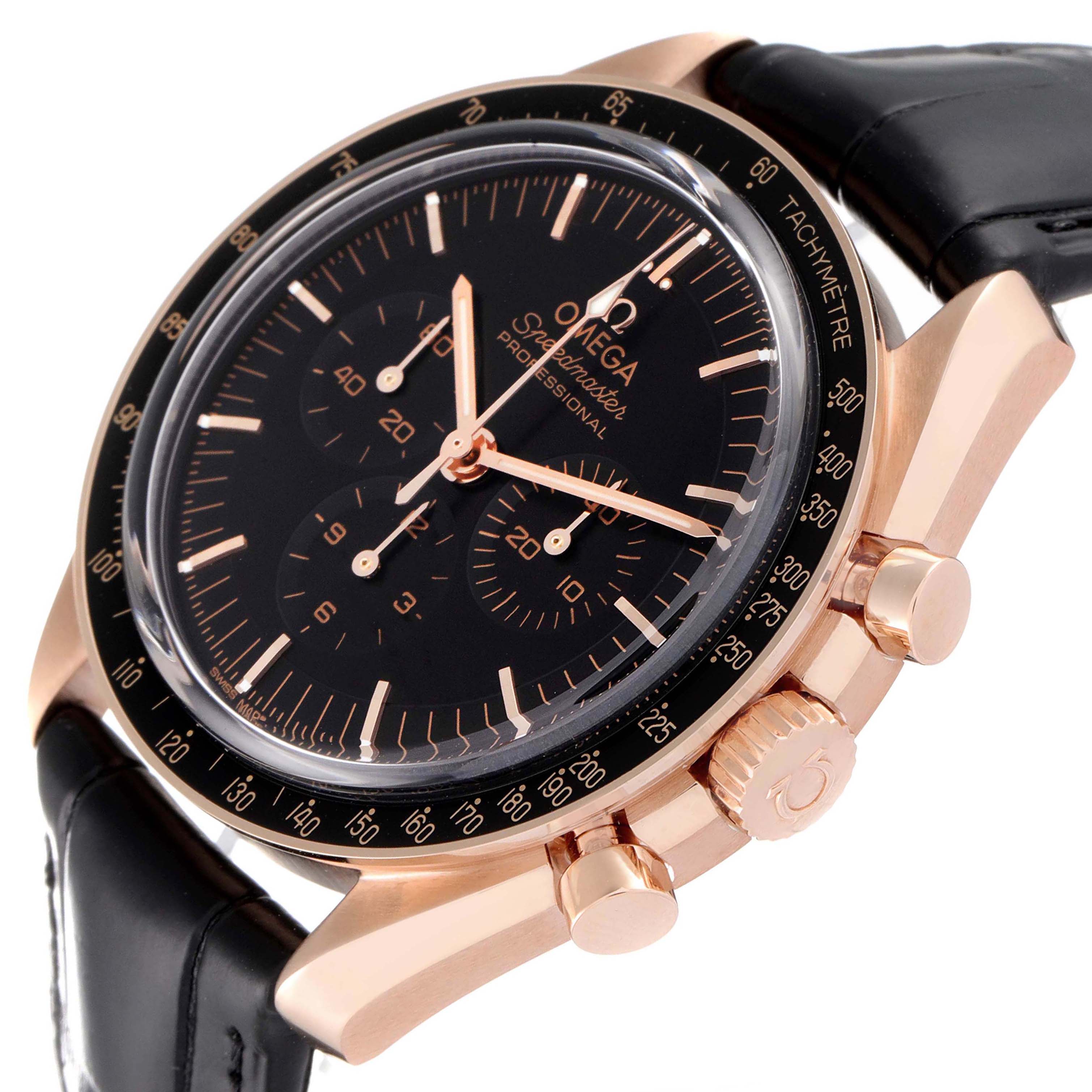 The image shows an Omega Speedmaster 310.63.42.50.01.001 Men
s Rose Gold Black Dial 310.63.42.50.01.001 Men
s Rose Gold Black Dial watch at an angle highlighting the case, dial, tachymeter bezel, pushers, and crown.