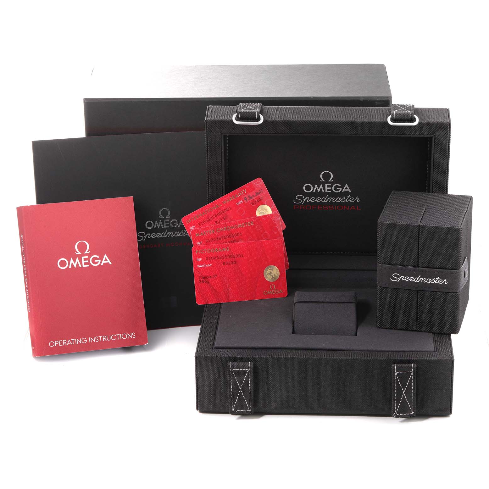 The image shows packaging and accessories for the Omega Speedmaster 310.63.42.50.01.001 Men
s Rose Gold Black Dial 310.63.42.50.01.001 Men
s Rose Gold Black Dial, including the box, operating instructions, and certification cards.