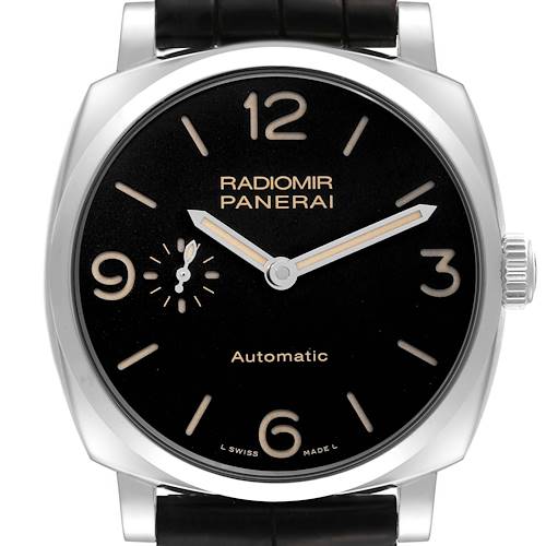 The Panerai Radiomir watch is shown from a front angle, displaying the dial, hands, and crown.