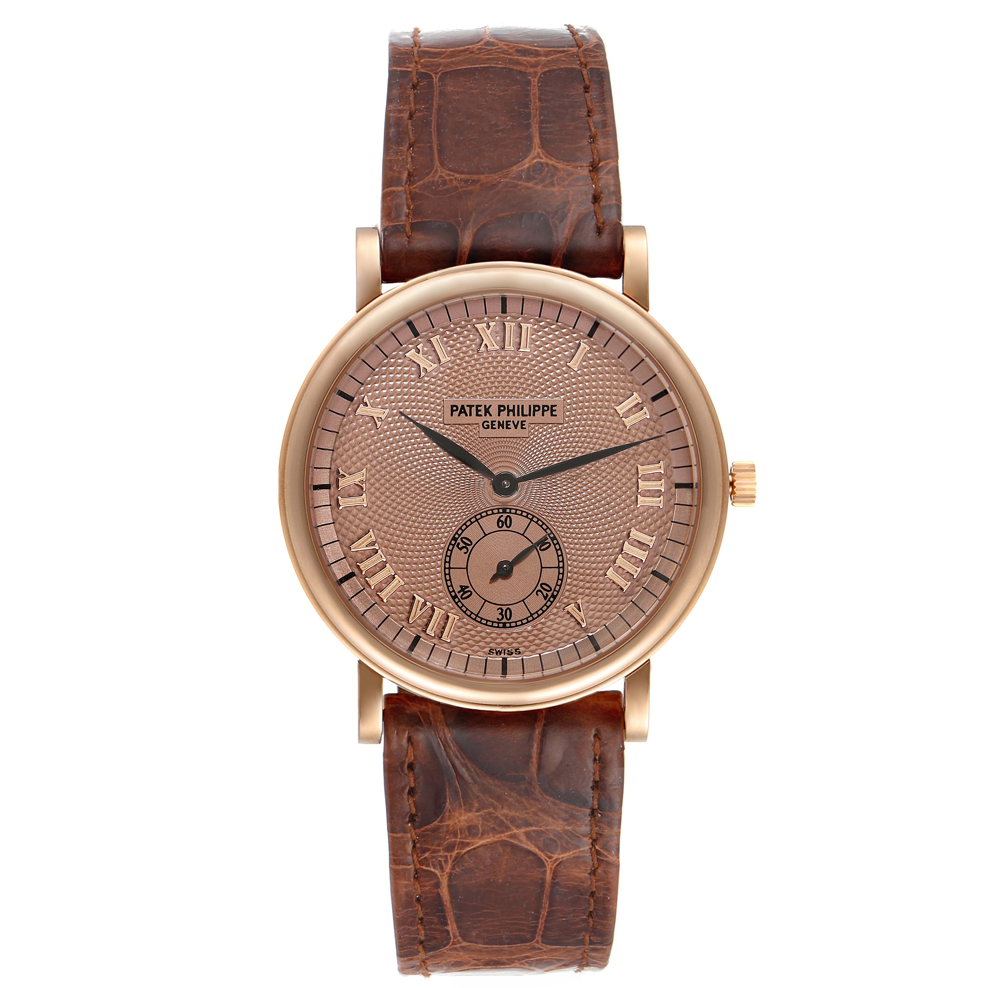 The image shows a front view of the Patek Philippe Calatrava 5022R Men's Rose Gold Pink Dial 5022R Men's Rose Gold Pink Dial watch, displaying its brown leather strap, rose gold case, and classic Roman numeral dial.