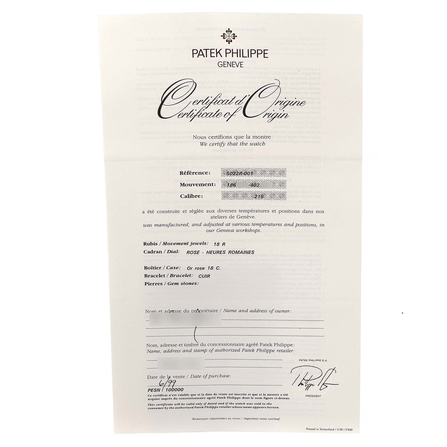 The image shows a Certificate of Origin for a Patek Philippe Calatrava 5022R Men's Rose Gold Pink Dial 5022R Men's Rose Gold Pink Dial model, viewed from the front.