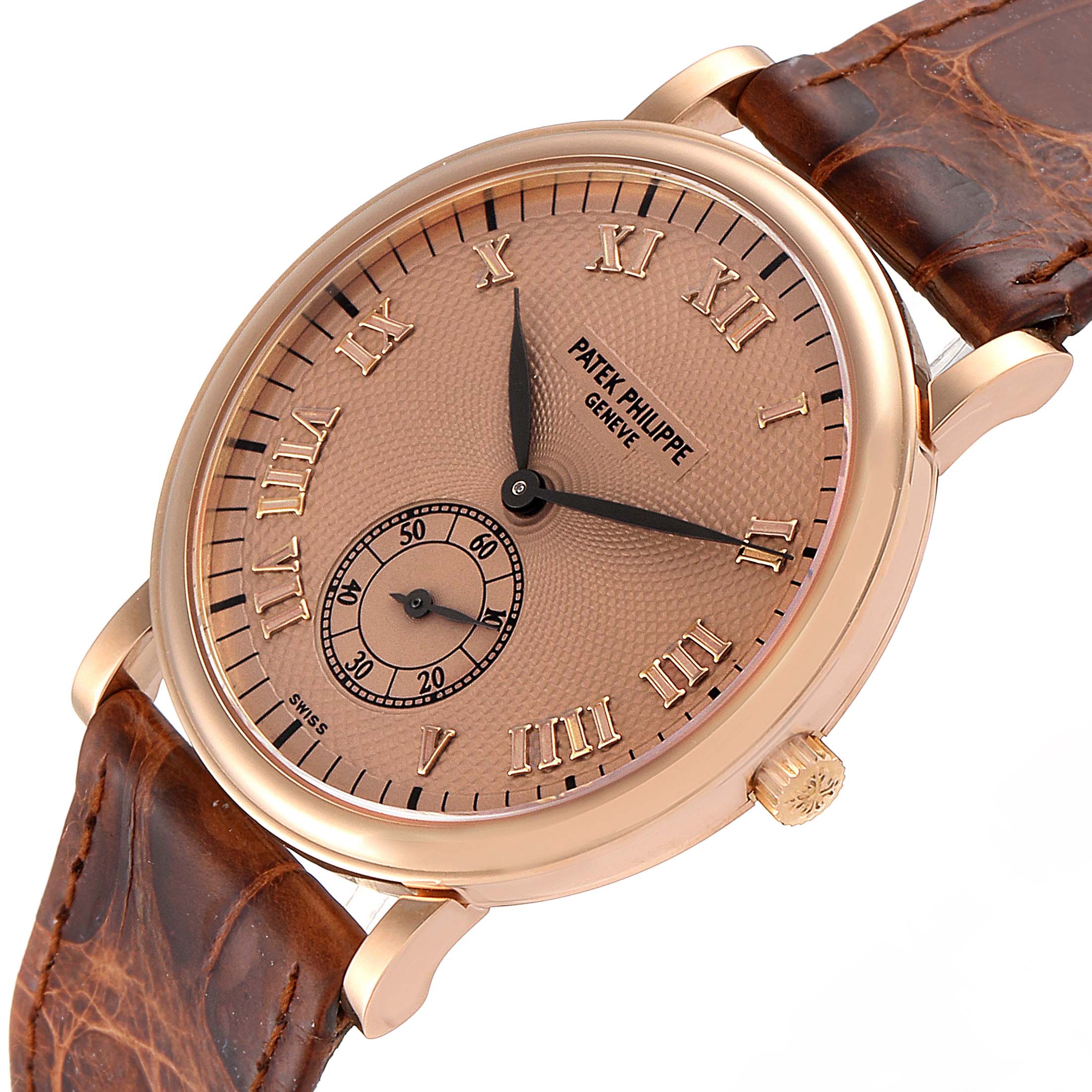 This image shows a Patek Philippe Calatrava 5022R Men's Rose Gold Pink Dial 5022R Men's Rose Gold Pink Dial watch angled from the front, displaying the face, Roman numerals, and part of the leather strap.