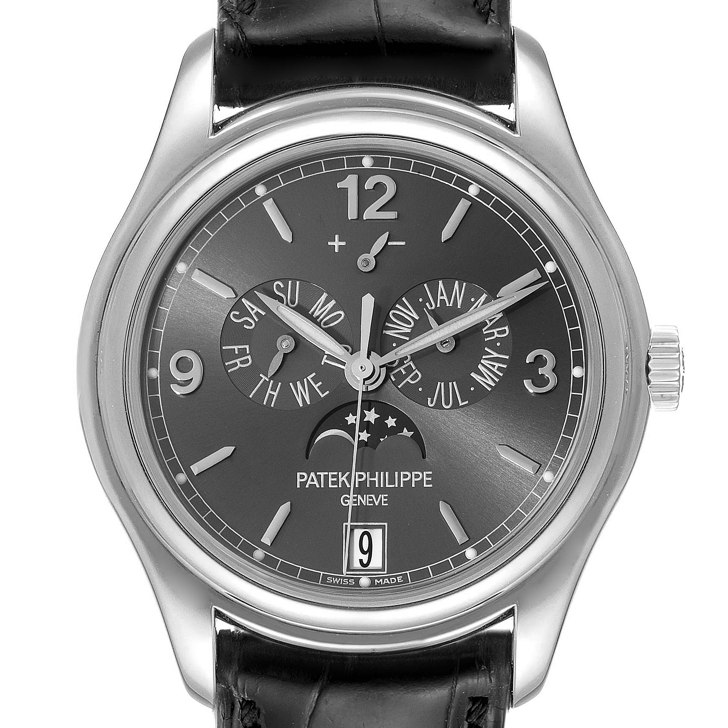 The image shows a front view of the Patek Philippe 5146G Men's White Gold Grey Dial 5146G Men's White Gold Grey Dial Complicated Annual Calendar White Gold Men's Watch 5146, highlighting the dial and complications.
